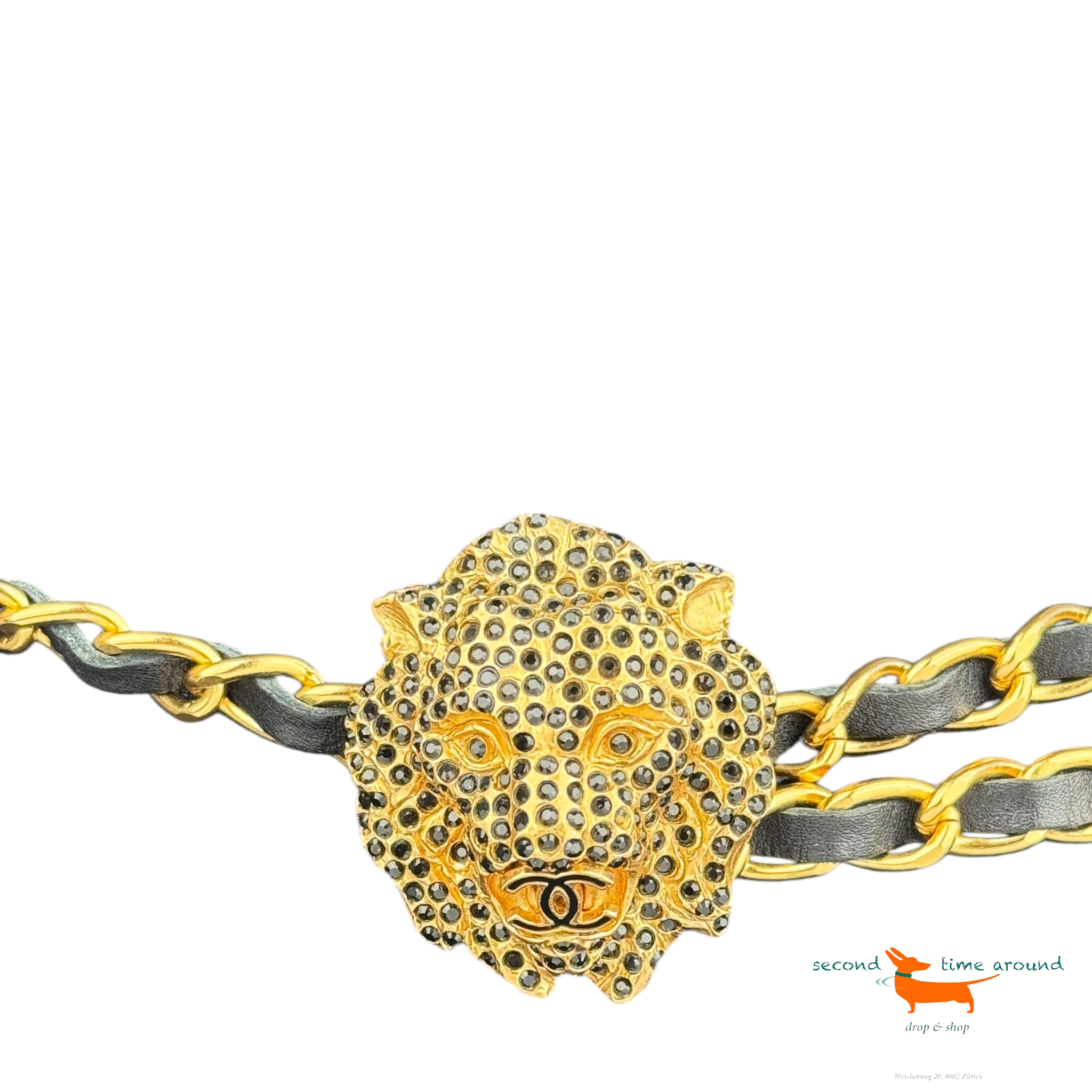 Chanel Autumn 2001 Gold Plated Black Leather CC Cristal Lion Belt Very Rare