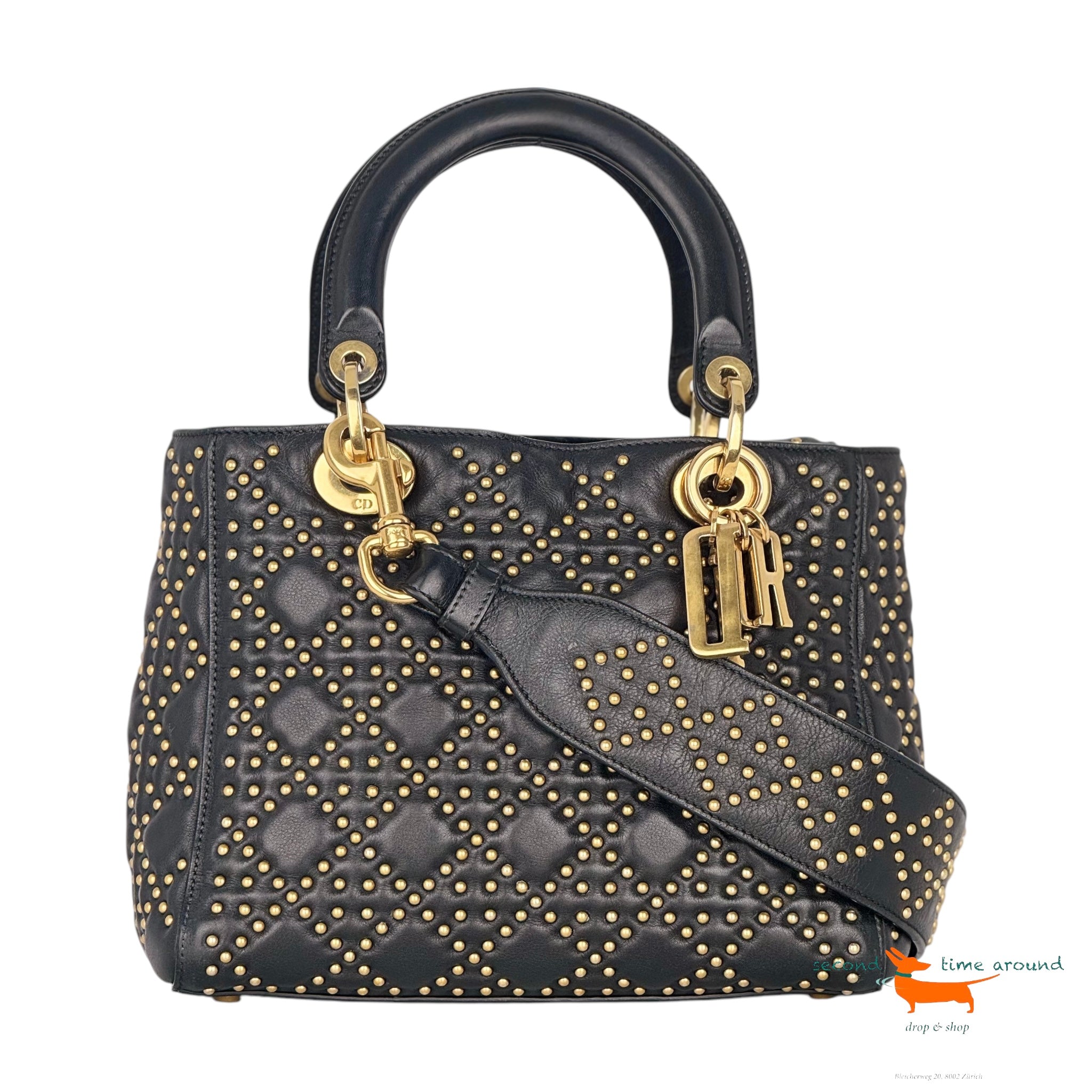 Christian Dior Lady Dior 2WAY Tasche Goldnieten Schwarz Bag