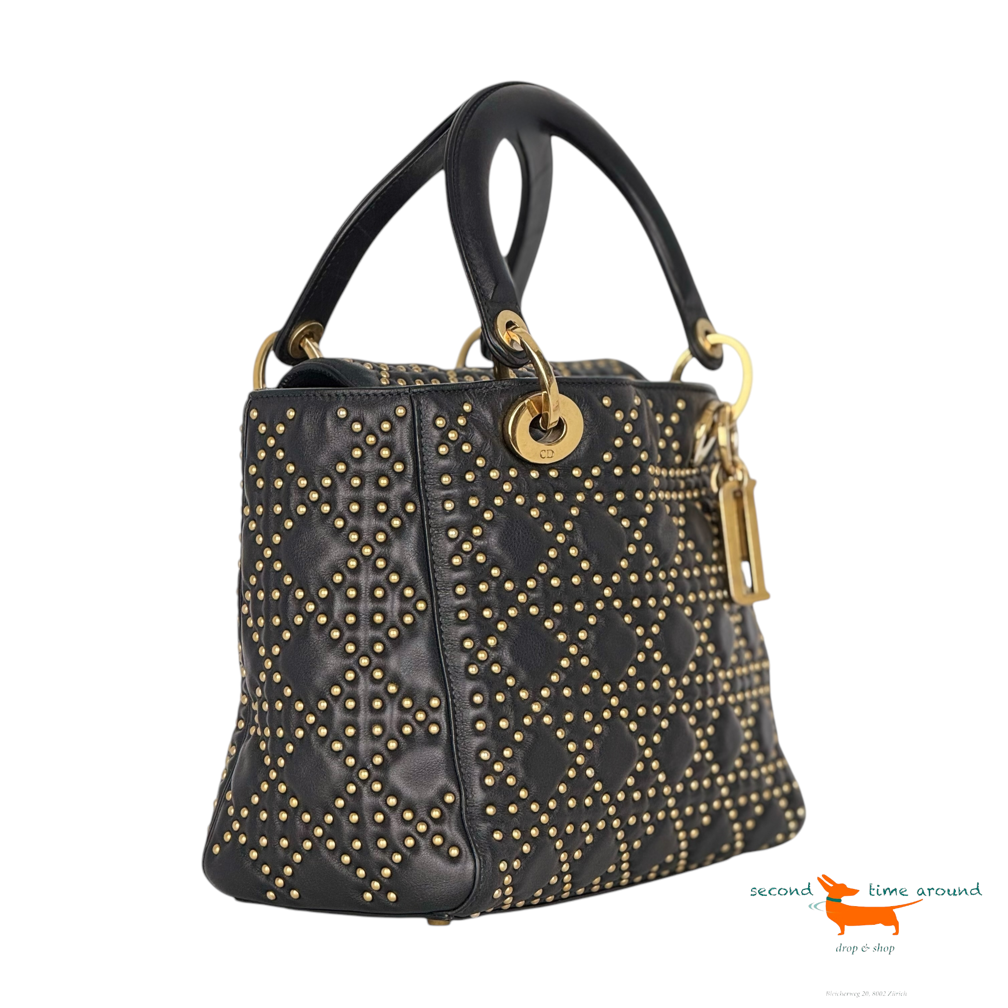 Christian Dior Lady Dior 2WAY Tasche Goldnieten Schwarz Bag