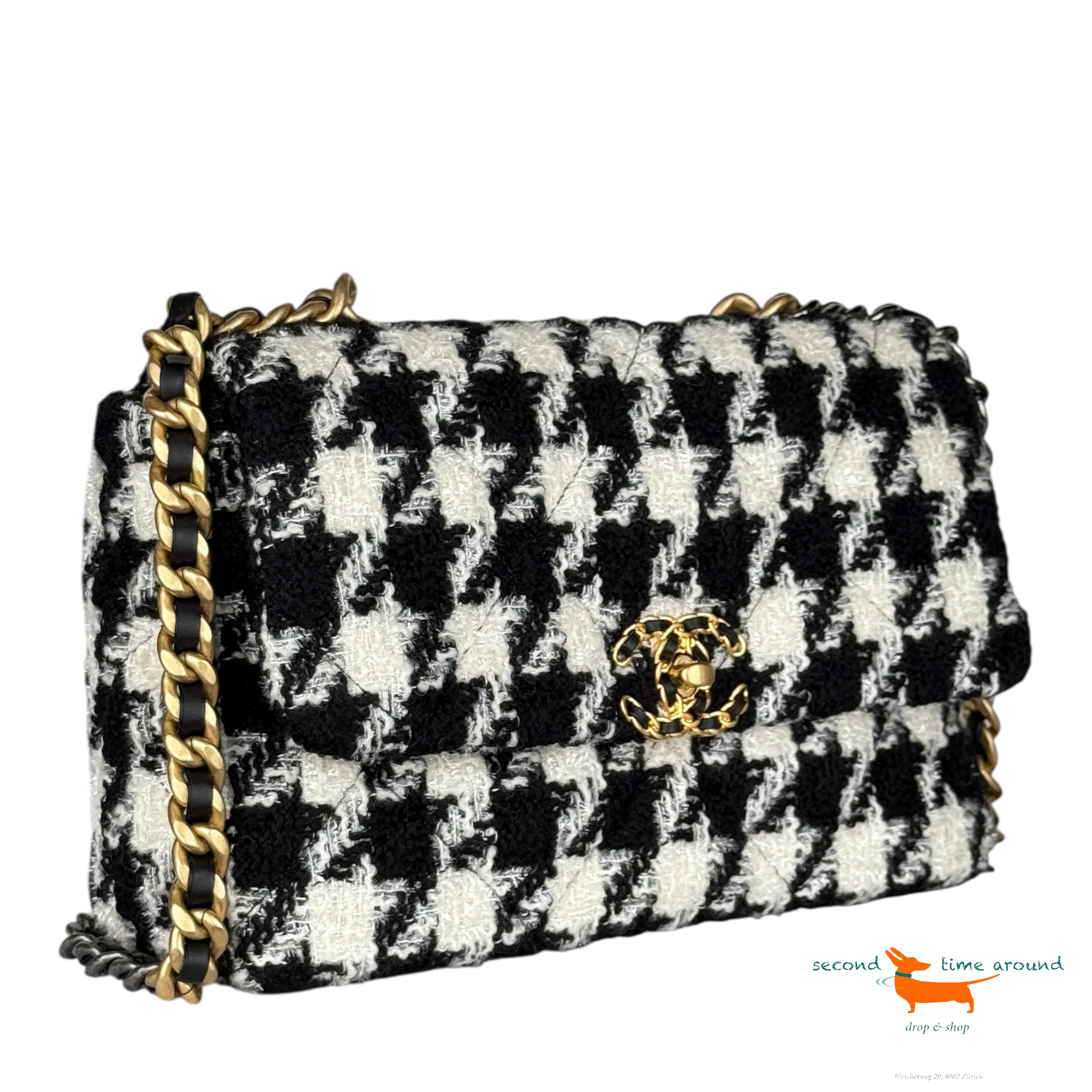 Chanel 19 Bag Tweed Houndstooth Large Black White