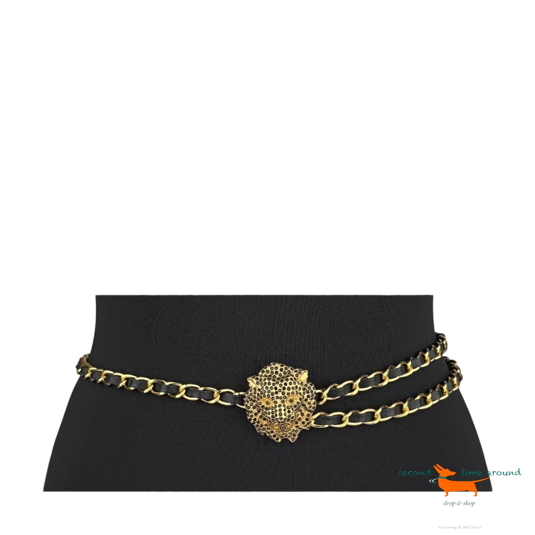 Chanel Autumn 2001 Gold Plated Black Leather CC Cristal Lion Belt Very  Rare