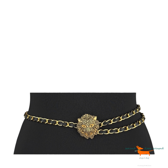 Chanel Autumn 2001 Gold Plated Black Leather CC Cristal Lion Belt Very  Rare