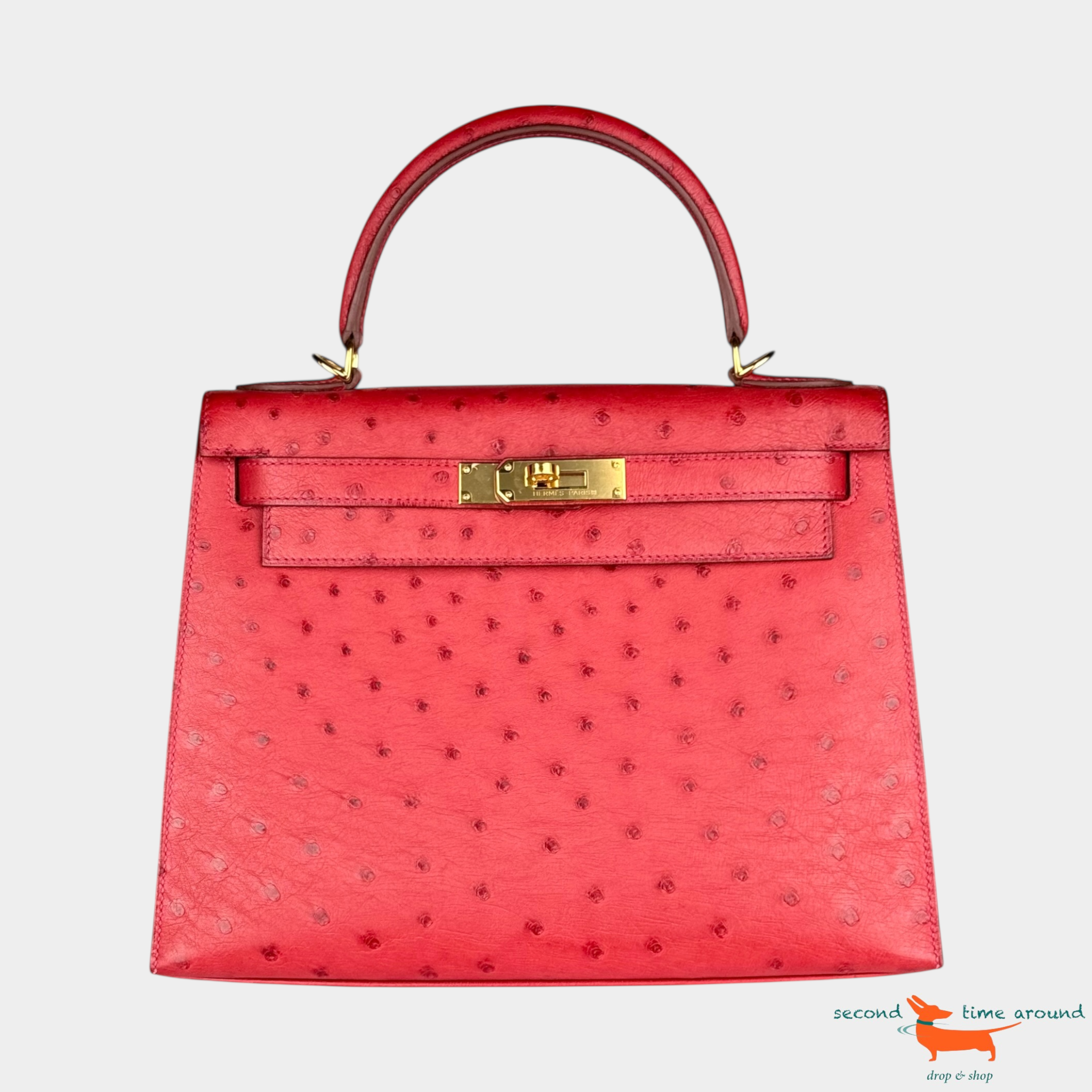 Hermes Kelly II Sellier 28 Ostrich Rouge Vif Bag