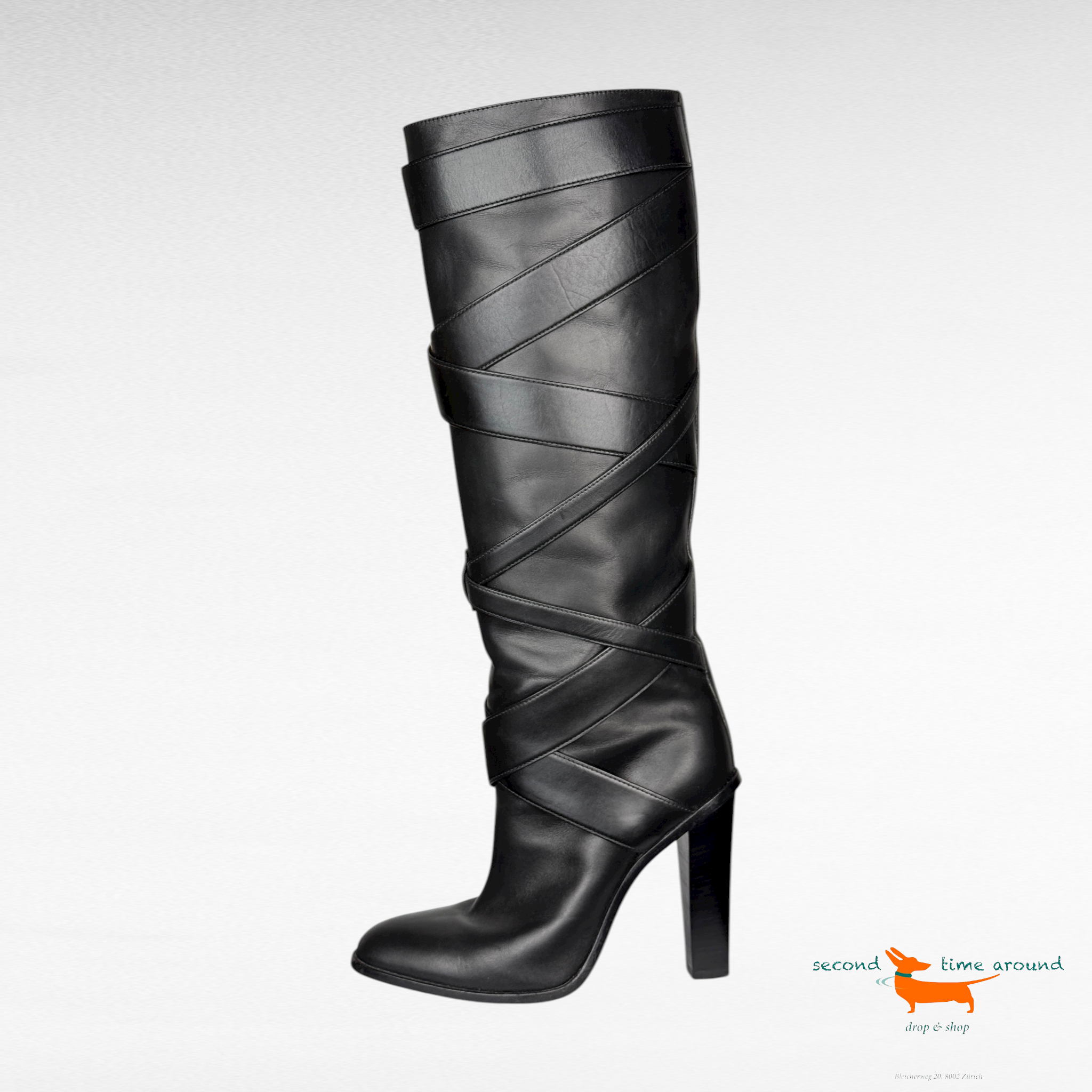 Saint Laurent Black Hunter Leather High Strap Heeled Boots