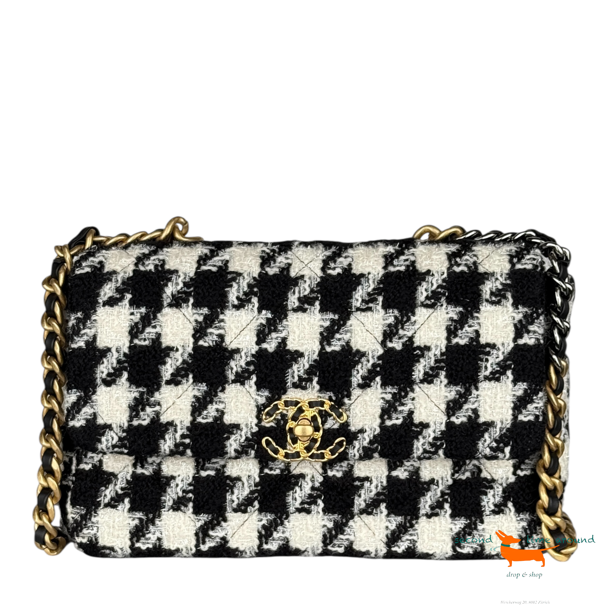 Chanel 19 Bag Tweed Houndstooth Large Black White