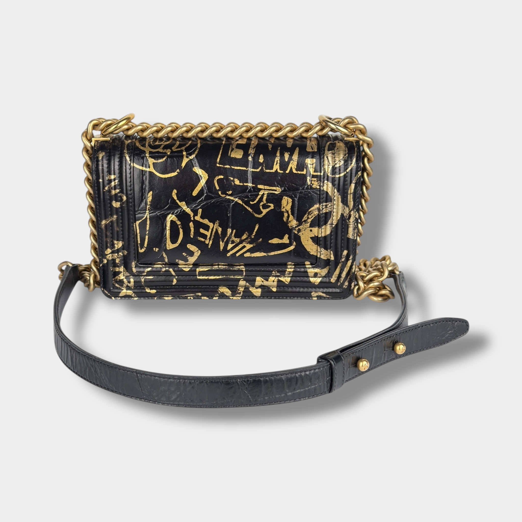Chanel Black and Gold Crocodile-Embossed Leather Small Graffiti Boy Bag