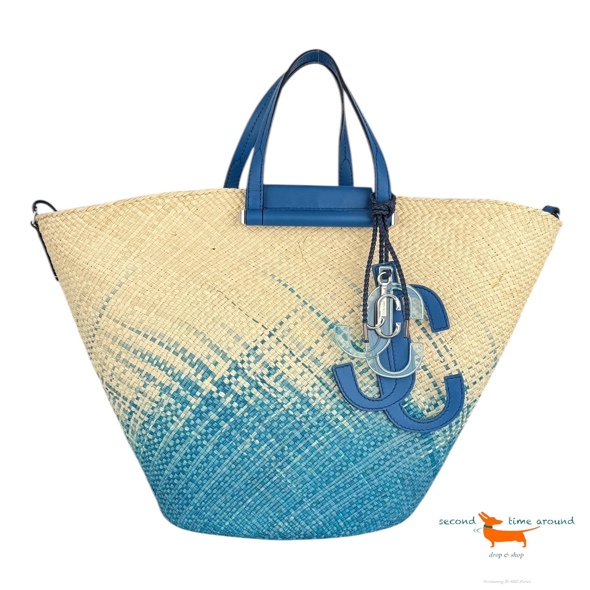 Jimmy Choo Macy Raffia Basket Natural And Butterfly Blue