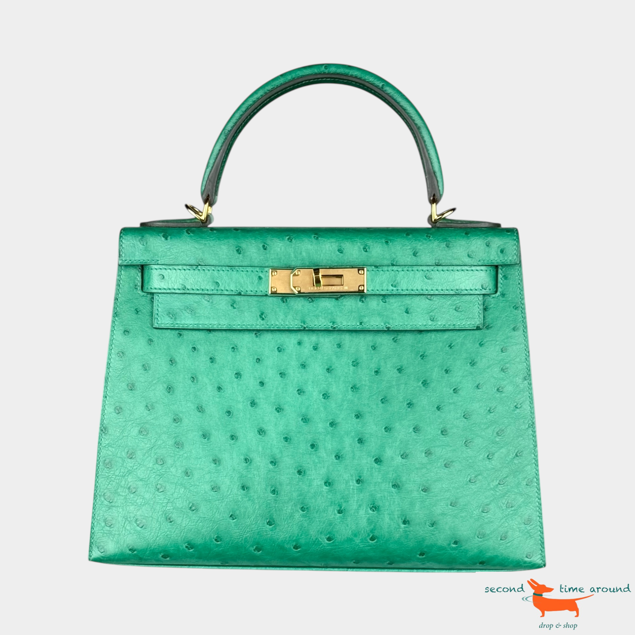 Hermes Kelly II Sellier 28 Ostrich Vert Vertigo Bag