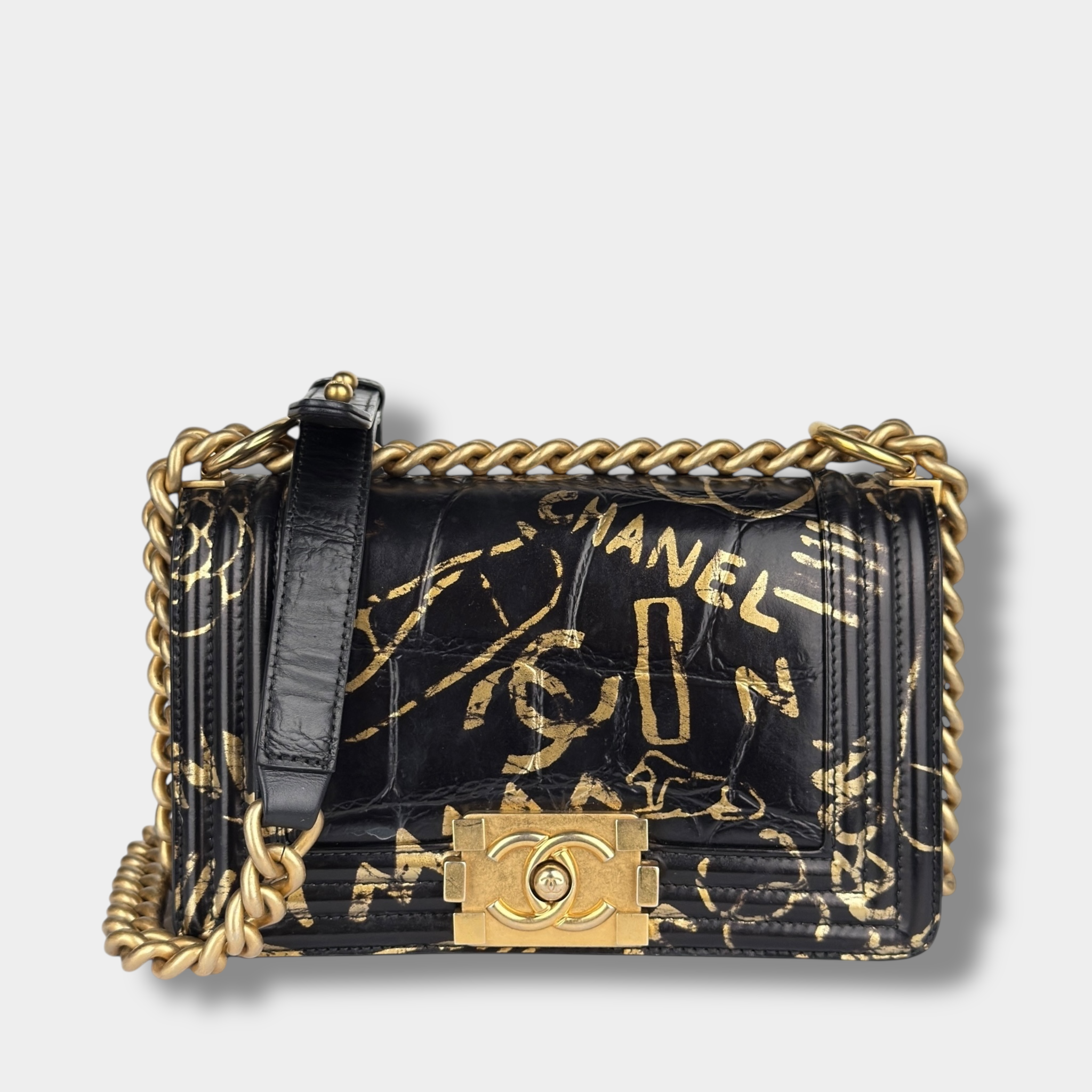 Chanel Black and Gold Crocodile-Embossed Leather Small Graffiti Boy Bag