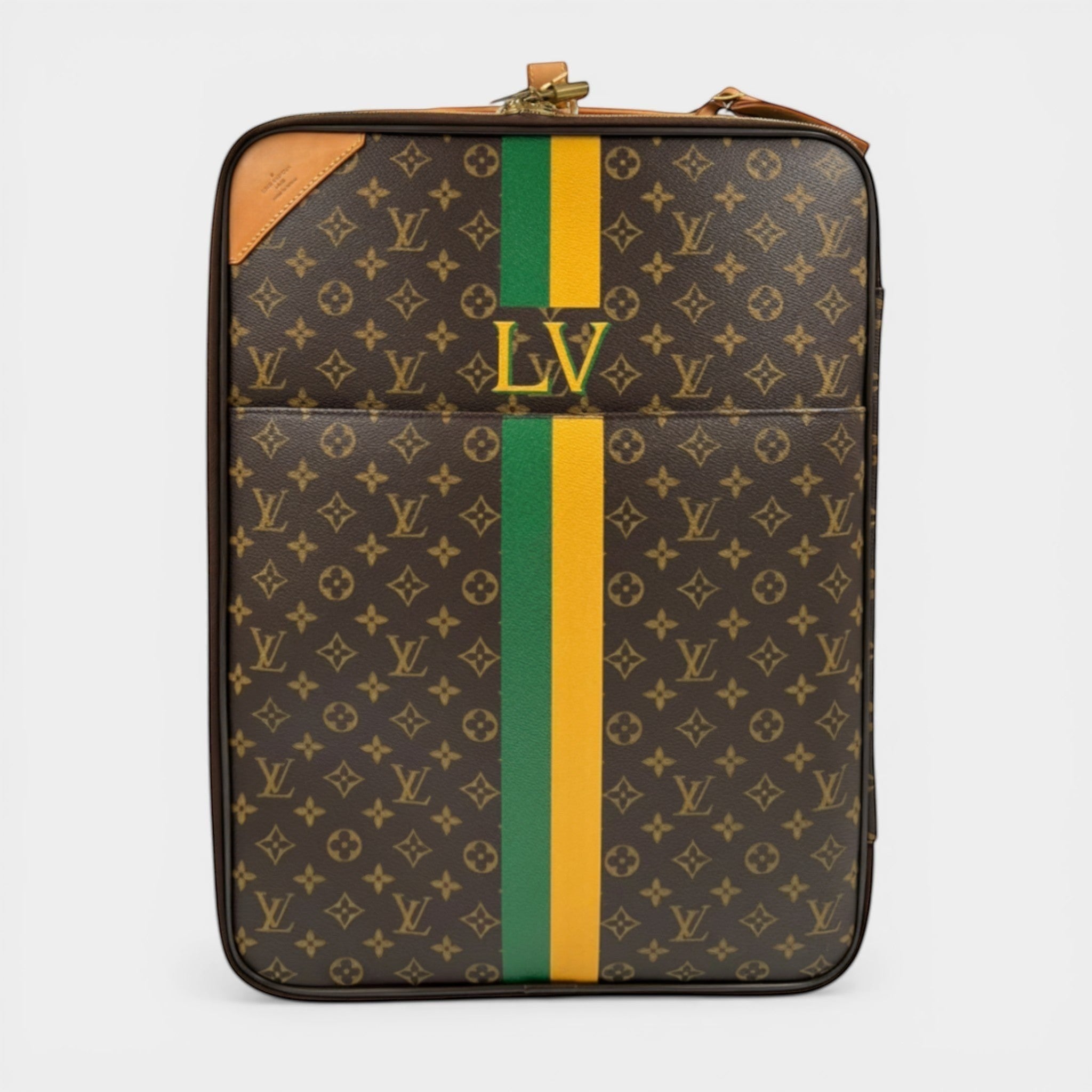 Secondtimearound Louis Vuitton limited edition monogram canvas trolley bag with green and yellow stripes and LV initials.