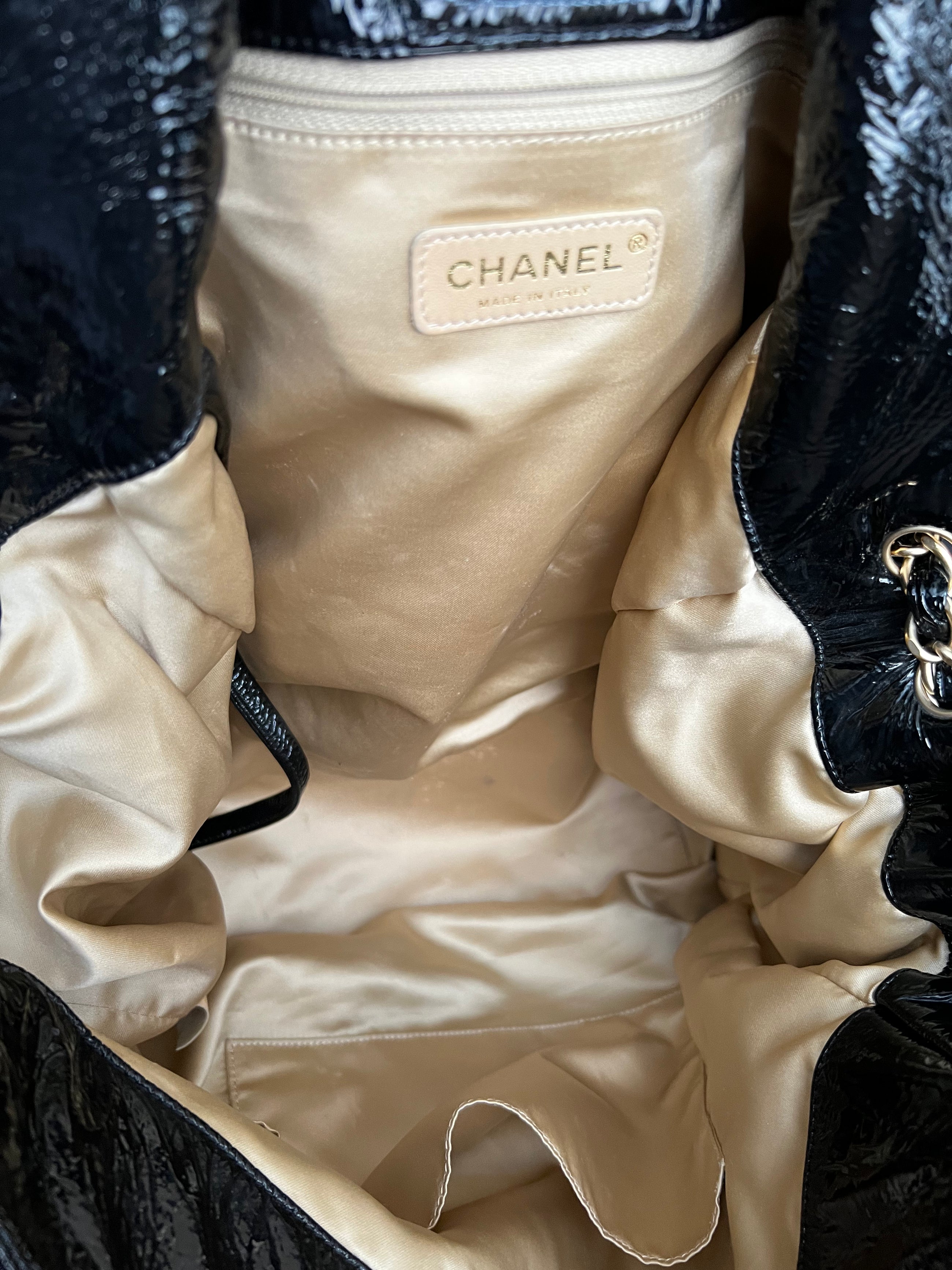 Chanel Black Patent Vinyl Rock and Chain Large Accordion Flap Bag