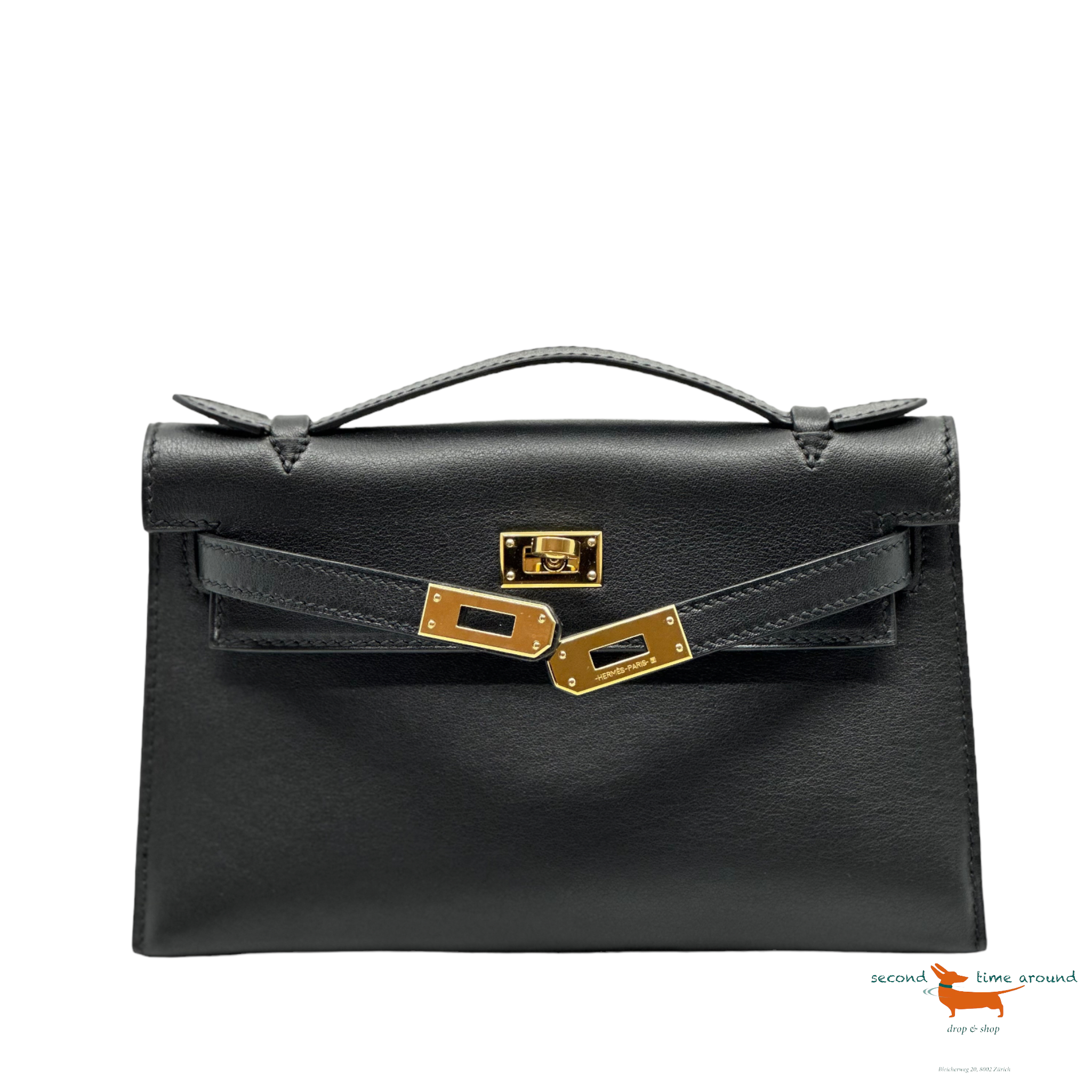 Hermes Kelly Pochette Menthe Gold Hardware Black Swift