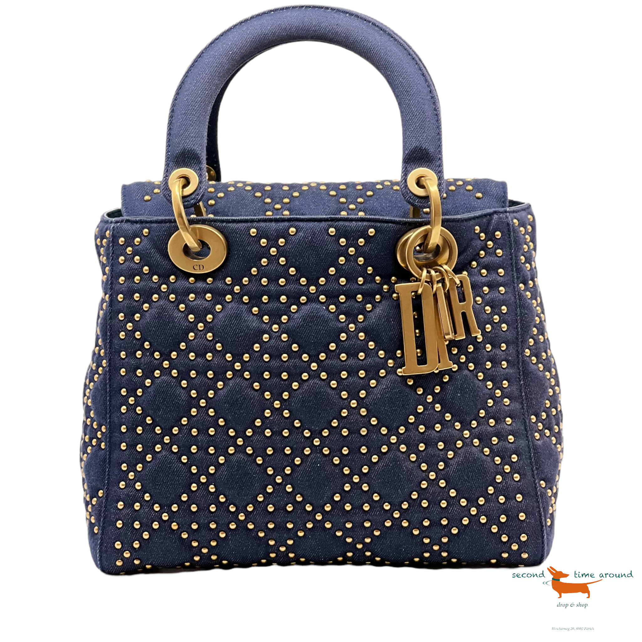 Christian Dior Denim Cannage Studded Medium Supple Lady Dior Bag