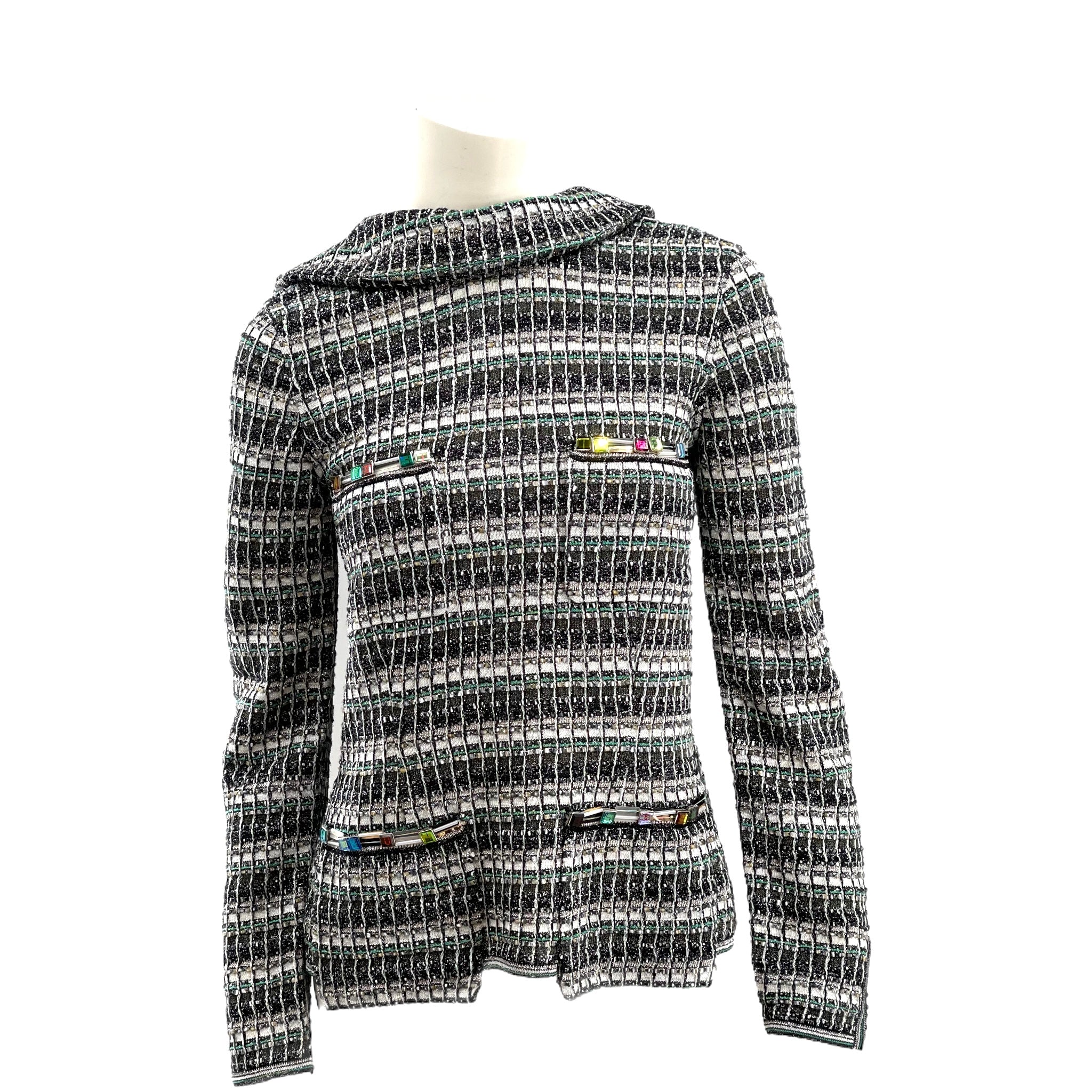 Chanel Monochrome Silk Blend Crystal Embellished Plunge Back Tweed Blazer