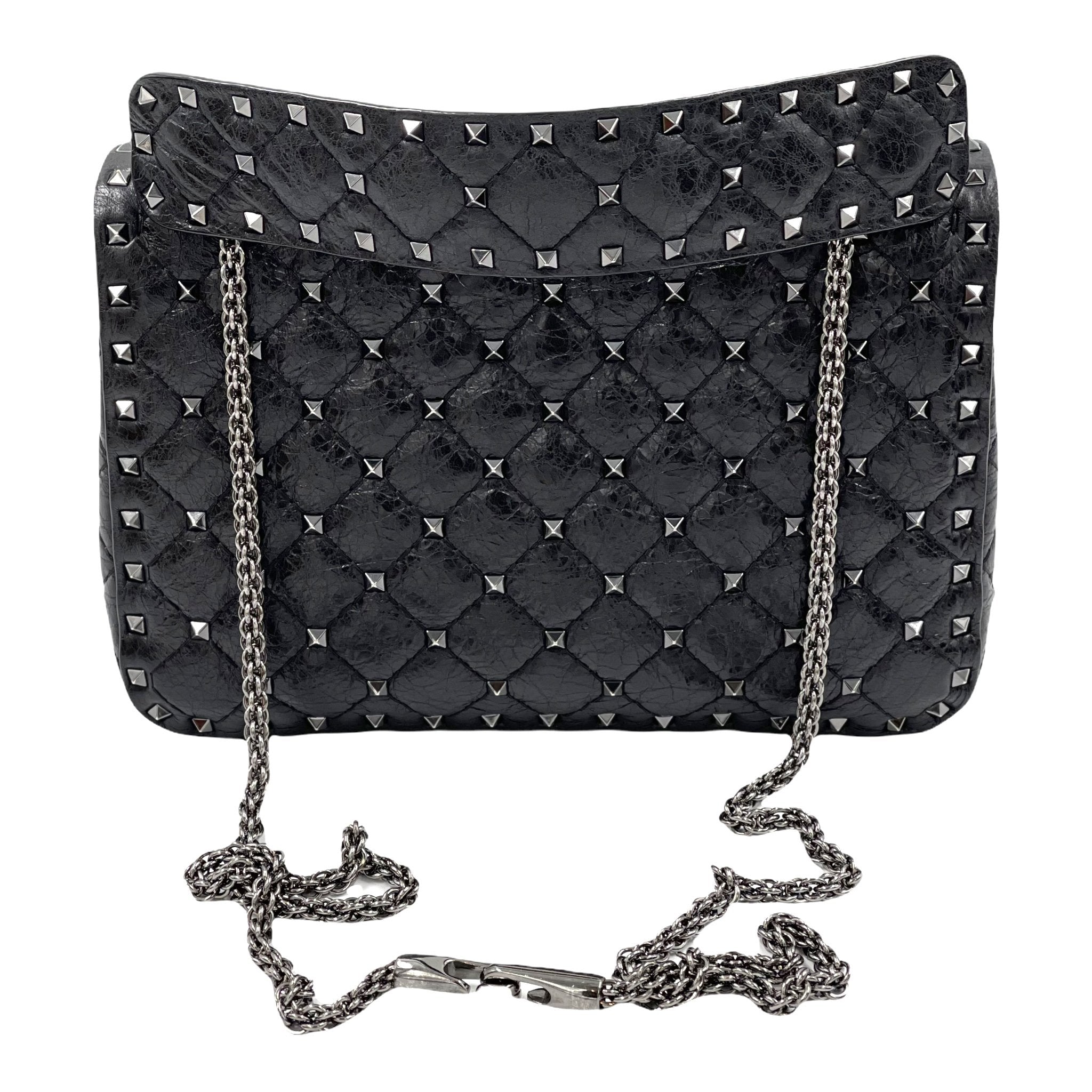 Valentino Craquele Nappa Medium Rockstud Spike Shoulder Bag Black