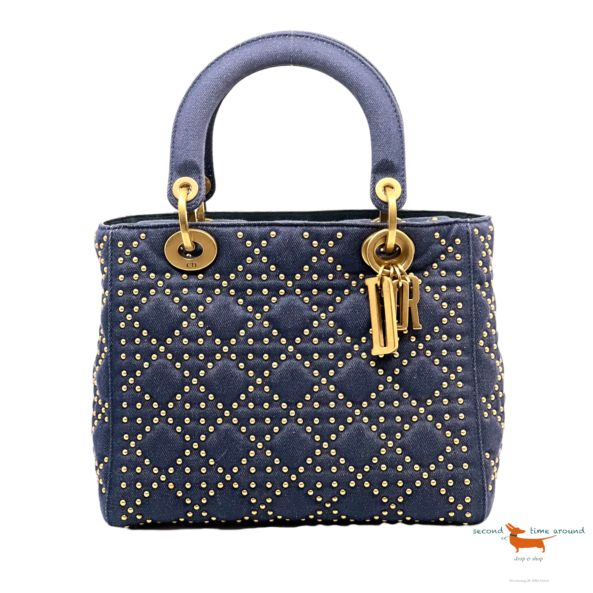 Christian Dior Denim Cannage Studded Medium Supple Lady Dior Bag