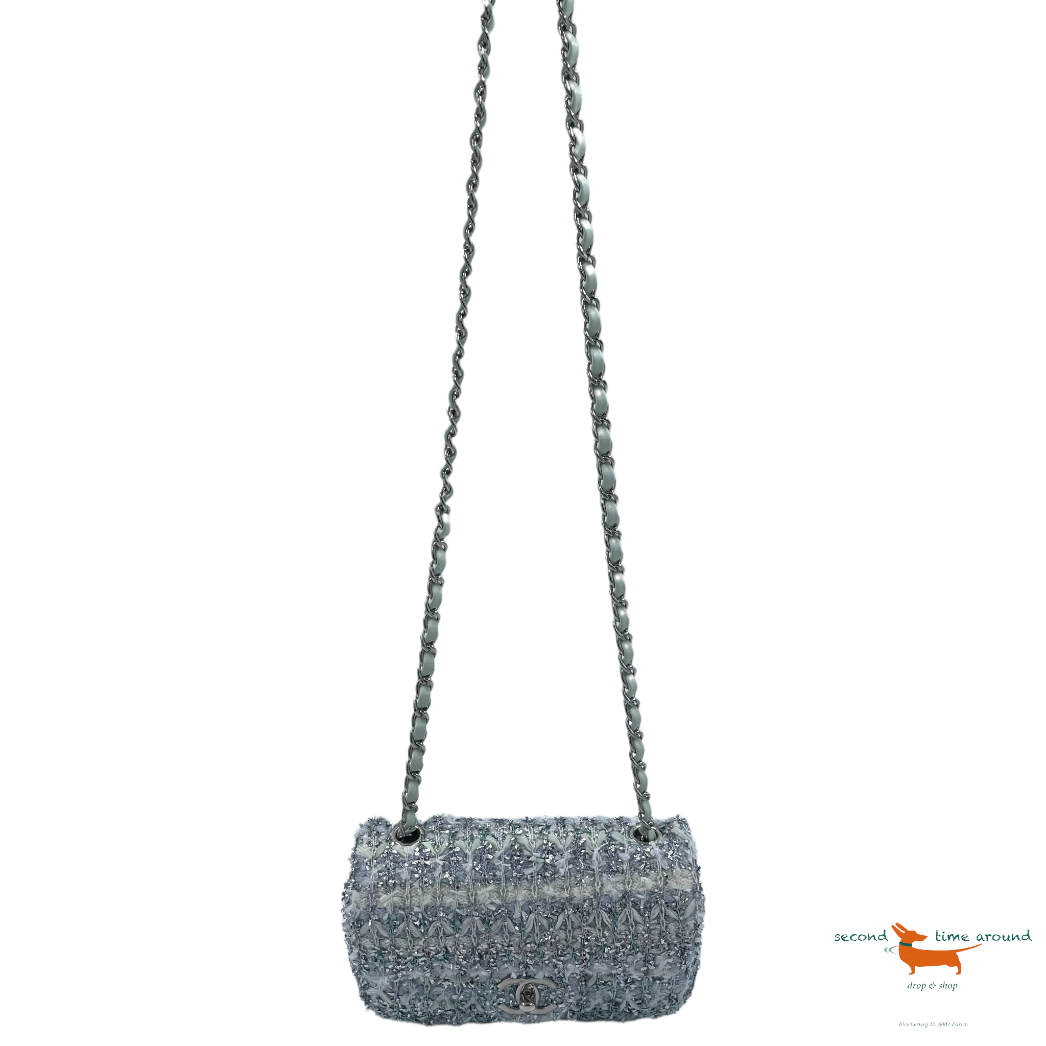 Chanel Classic Flap Single Quilted and Ribbon Mini Blue Green Silver Tweed Cross Body Bag