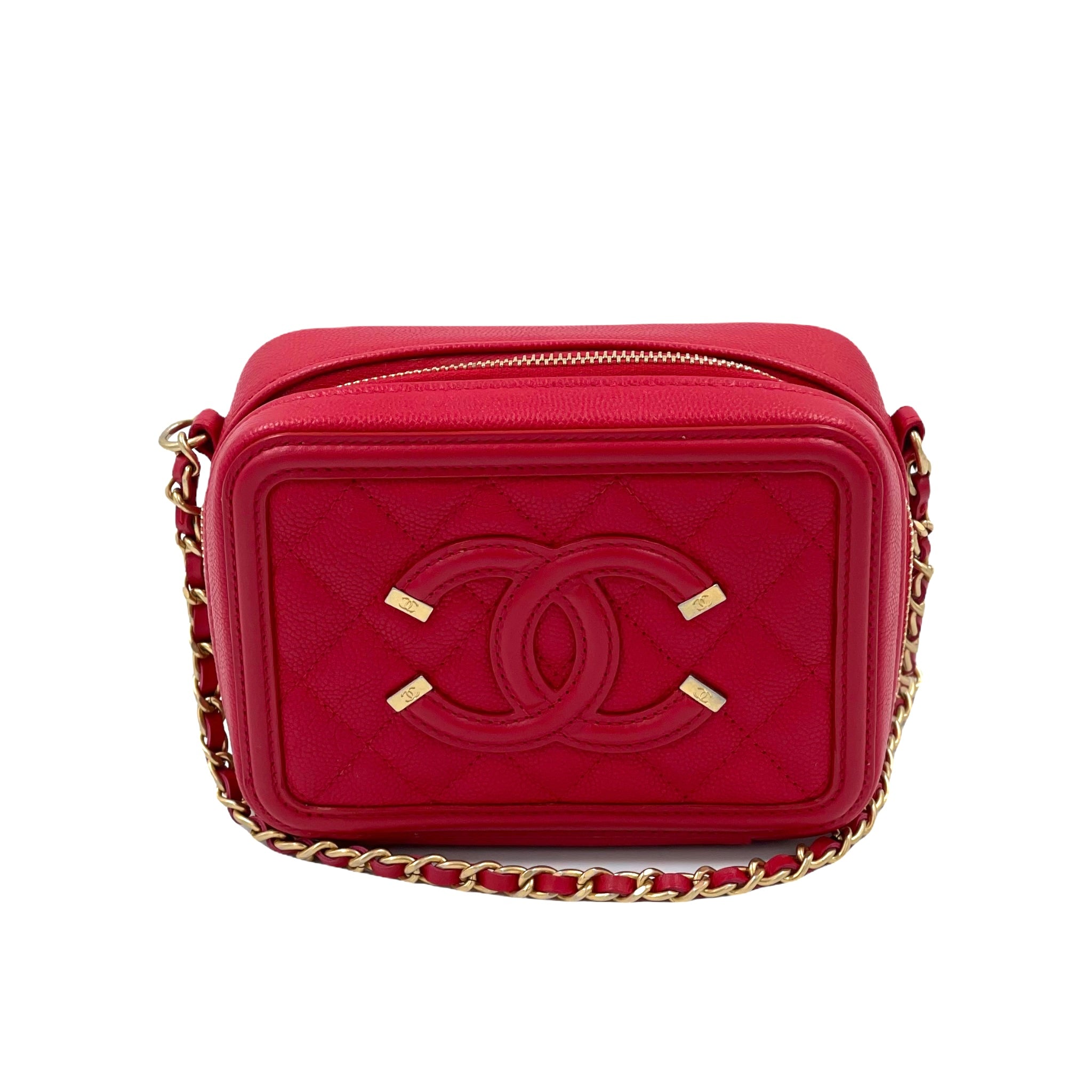 Chanel Filigree Vanity Clutch With Chain Quilted Caviar Gold-tone Red