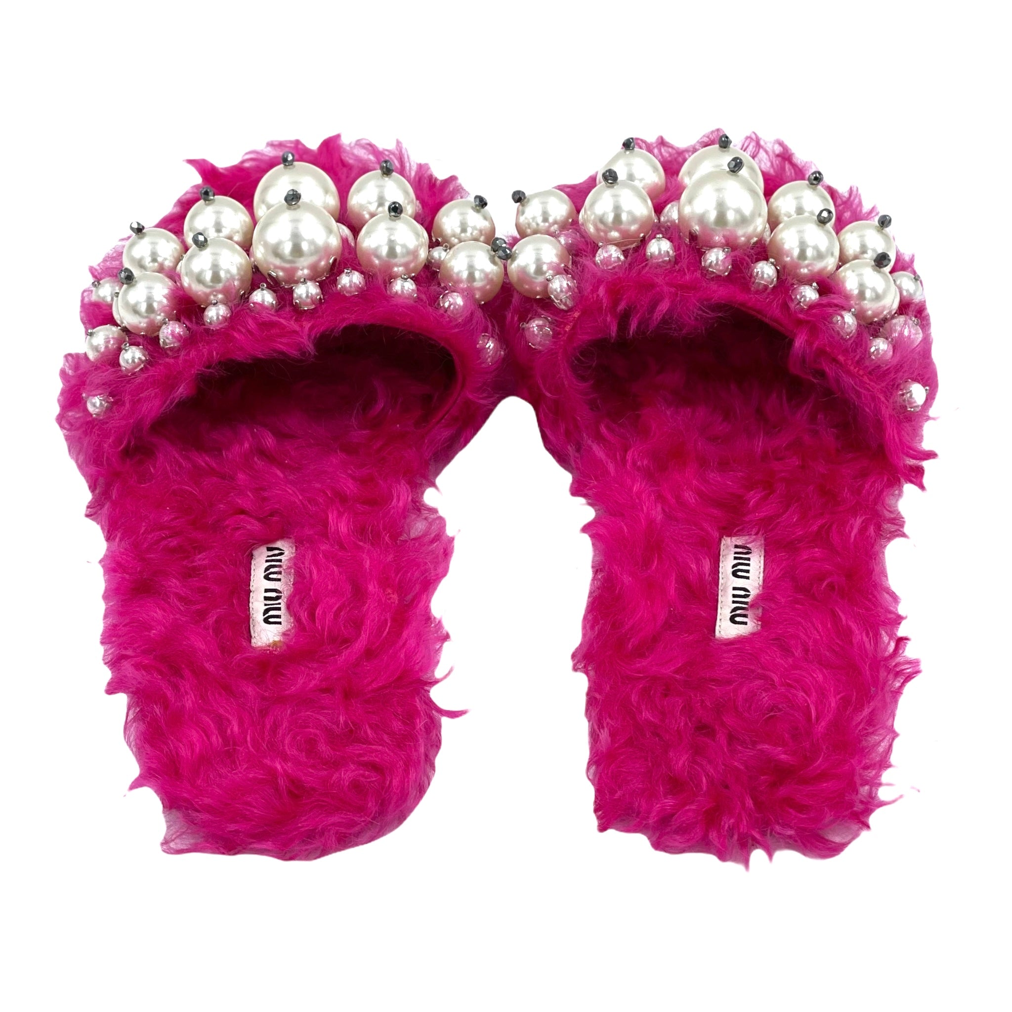 Miu Miu Pink Faux Pearl Embellished Fur Slide Sandals