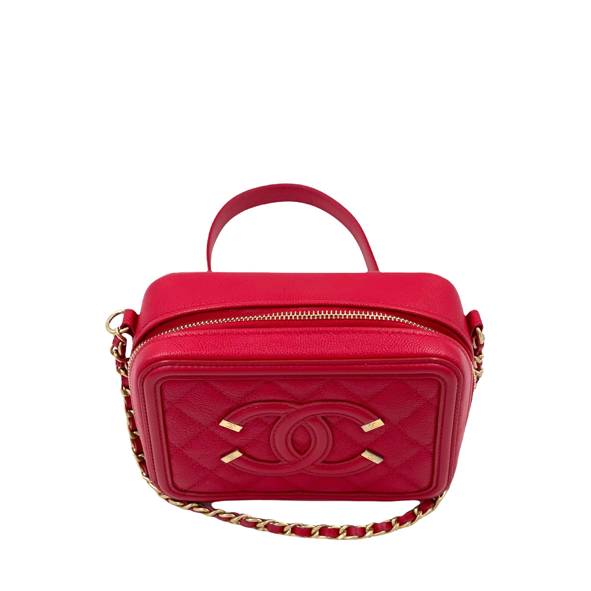 Chanel Filigree Vanity Clutch With Chain Quilted Caviar Gold-tone Red