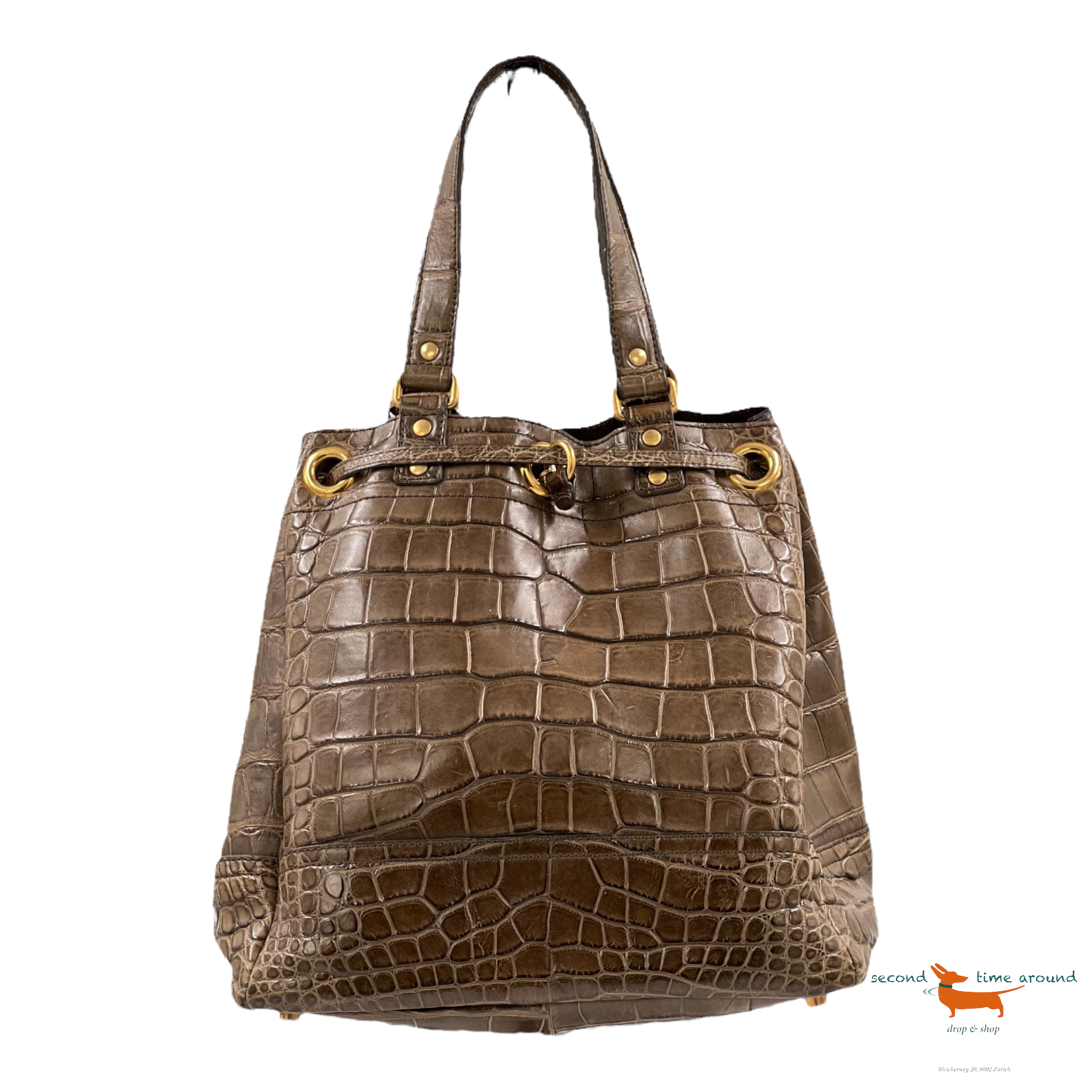 Yves Saint Laurent Green Crocodile Embossed Suede Overseas Tote Bag