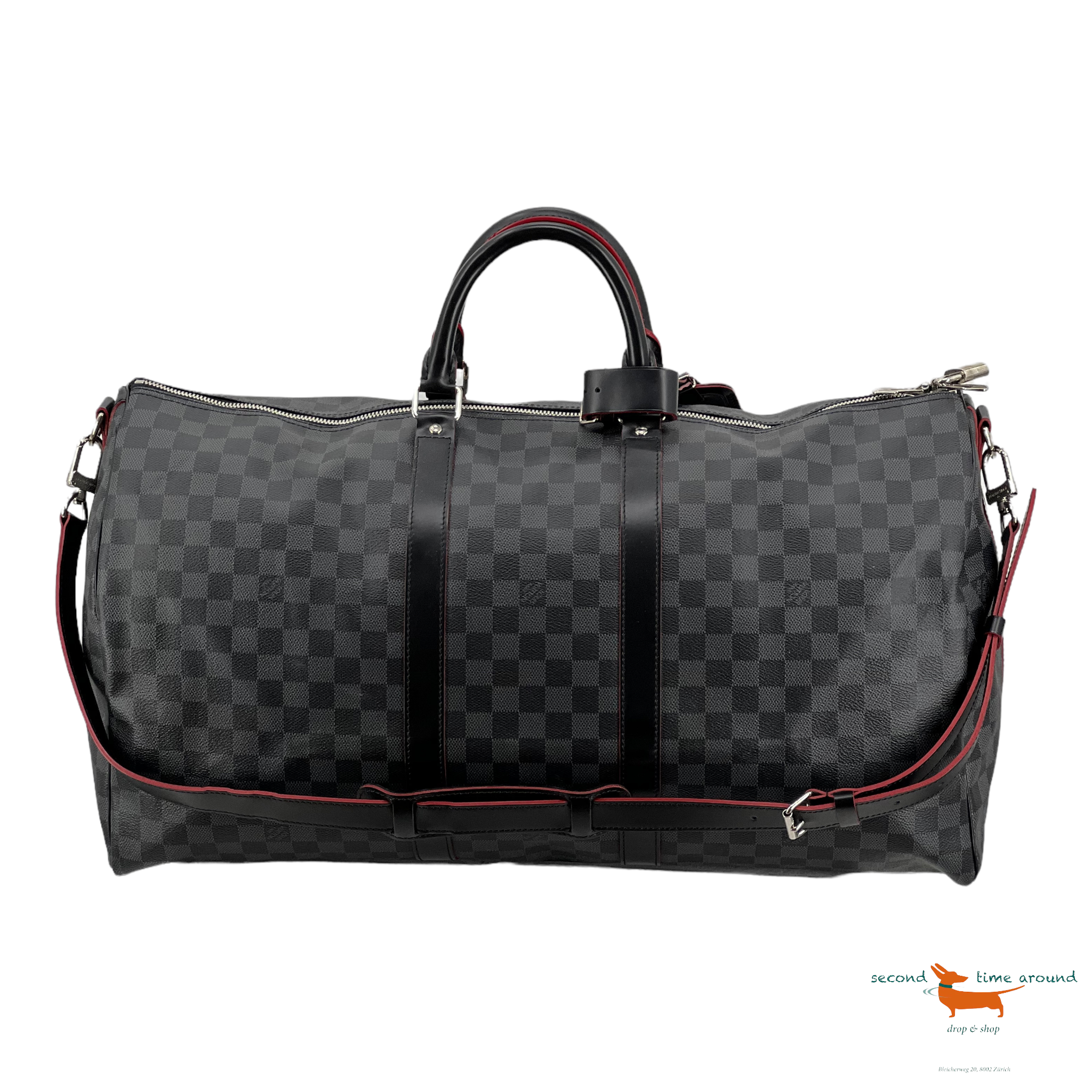 Louis Vuitton Keepall Bandouliere 55 Damier Graphite Rouge Limited Edition Black Leather Cross Body Bag