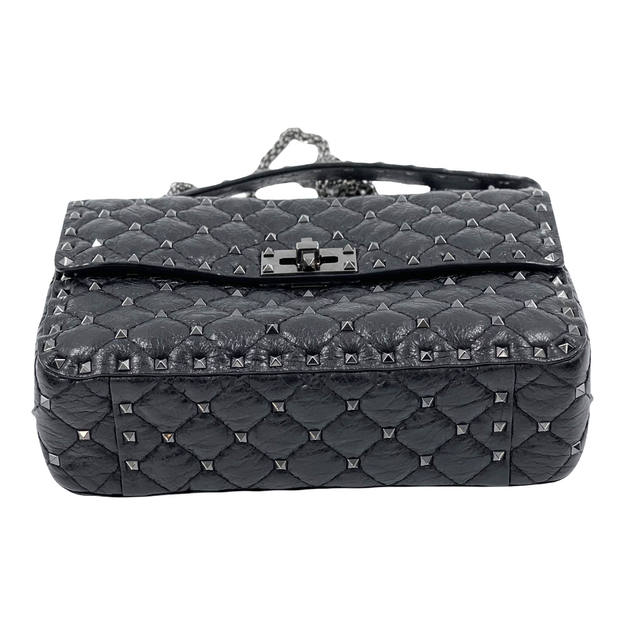Valentino Craquele Nappa Medium Rockstud Spike Shoulder Bag Black
