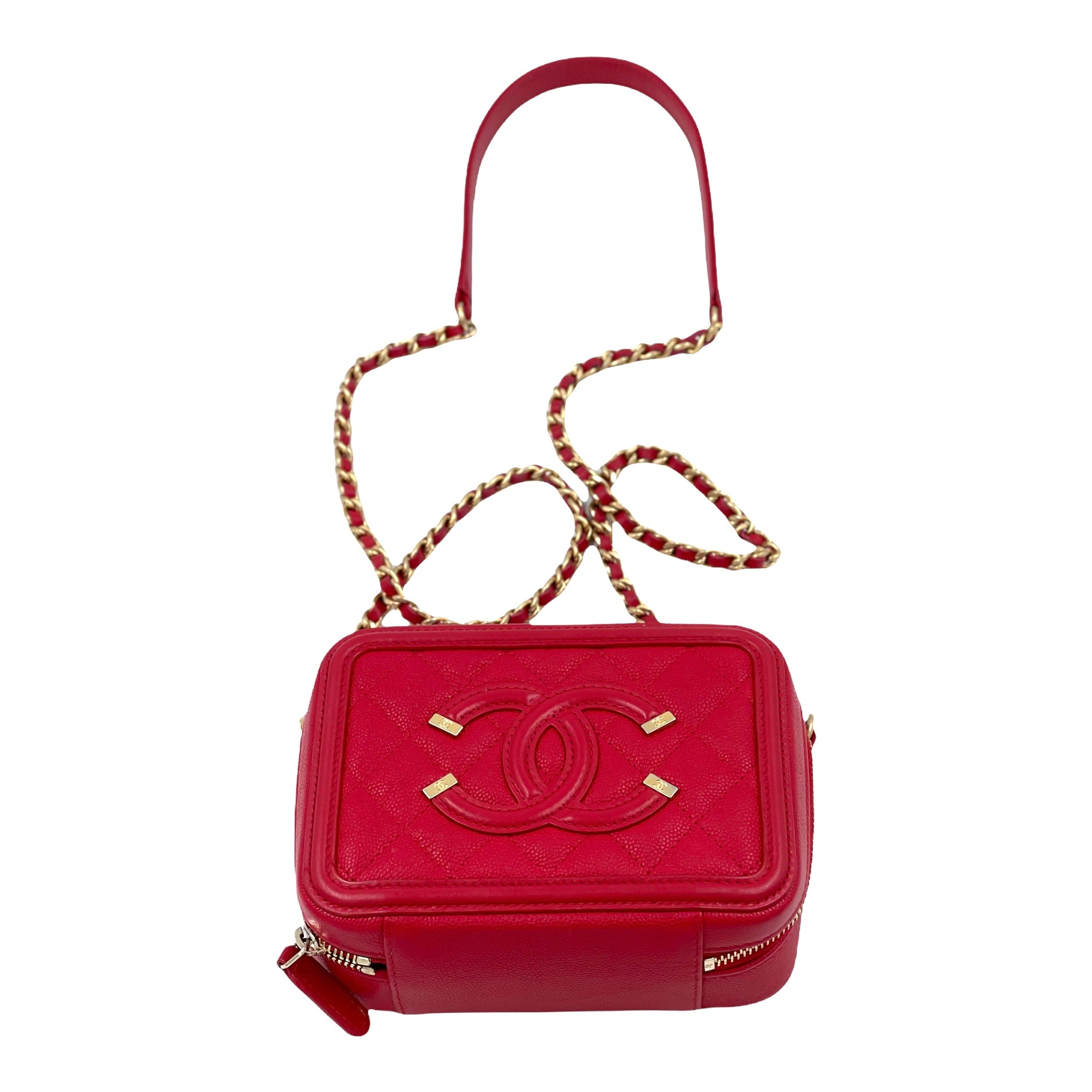 Chanel Filigree Vanity Clutch With Chain Quilted Caviar Gold-tone Red