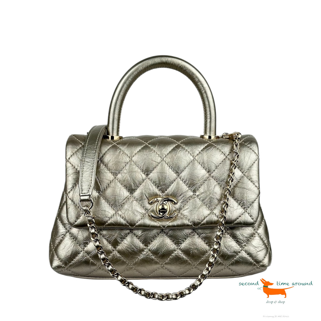 Chanel Metallic Aged Calfskin Quilted Coco Handle Flap Gold Bag