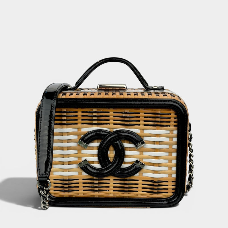 Chanel Beige Black Rattan and Patent LeatherCC Vanity Case Bag