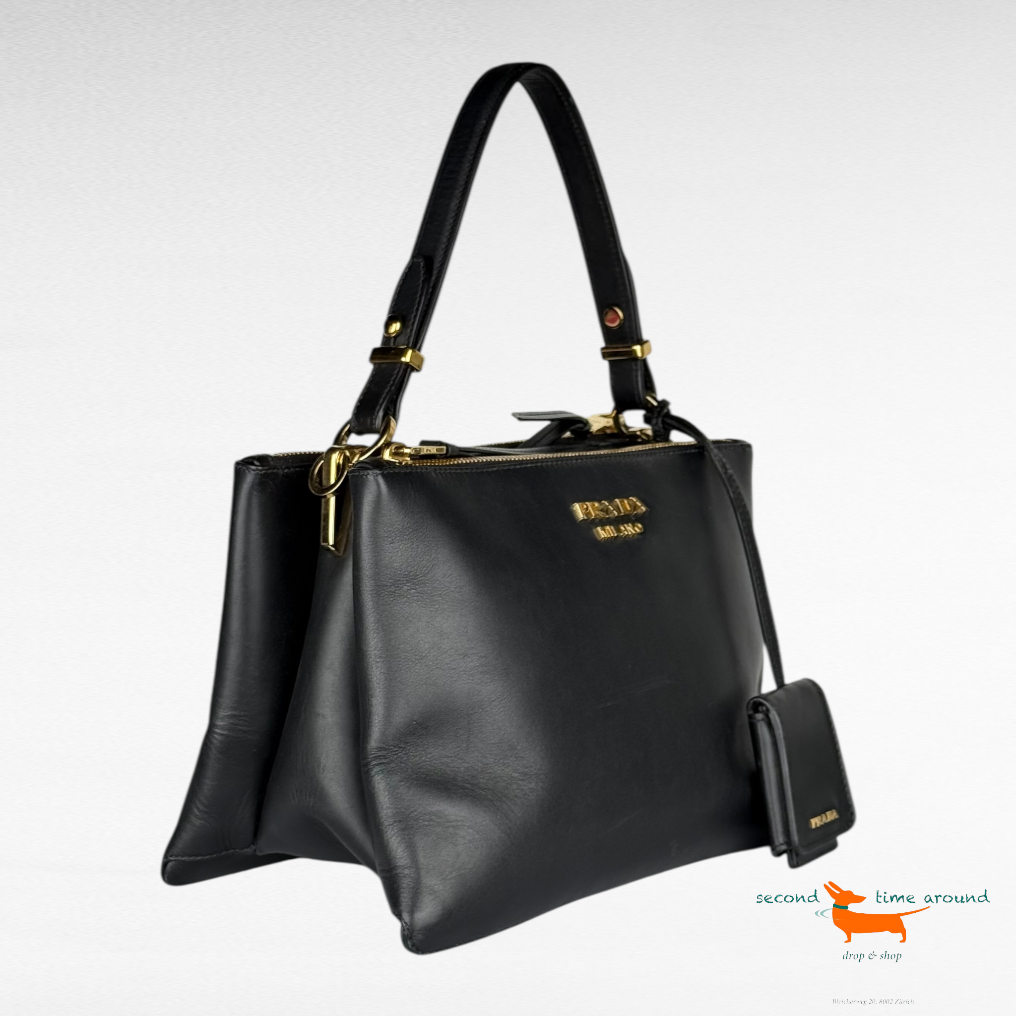 Prada Calfskin Small Deux Shoulder Bag Black