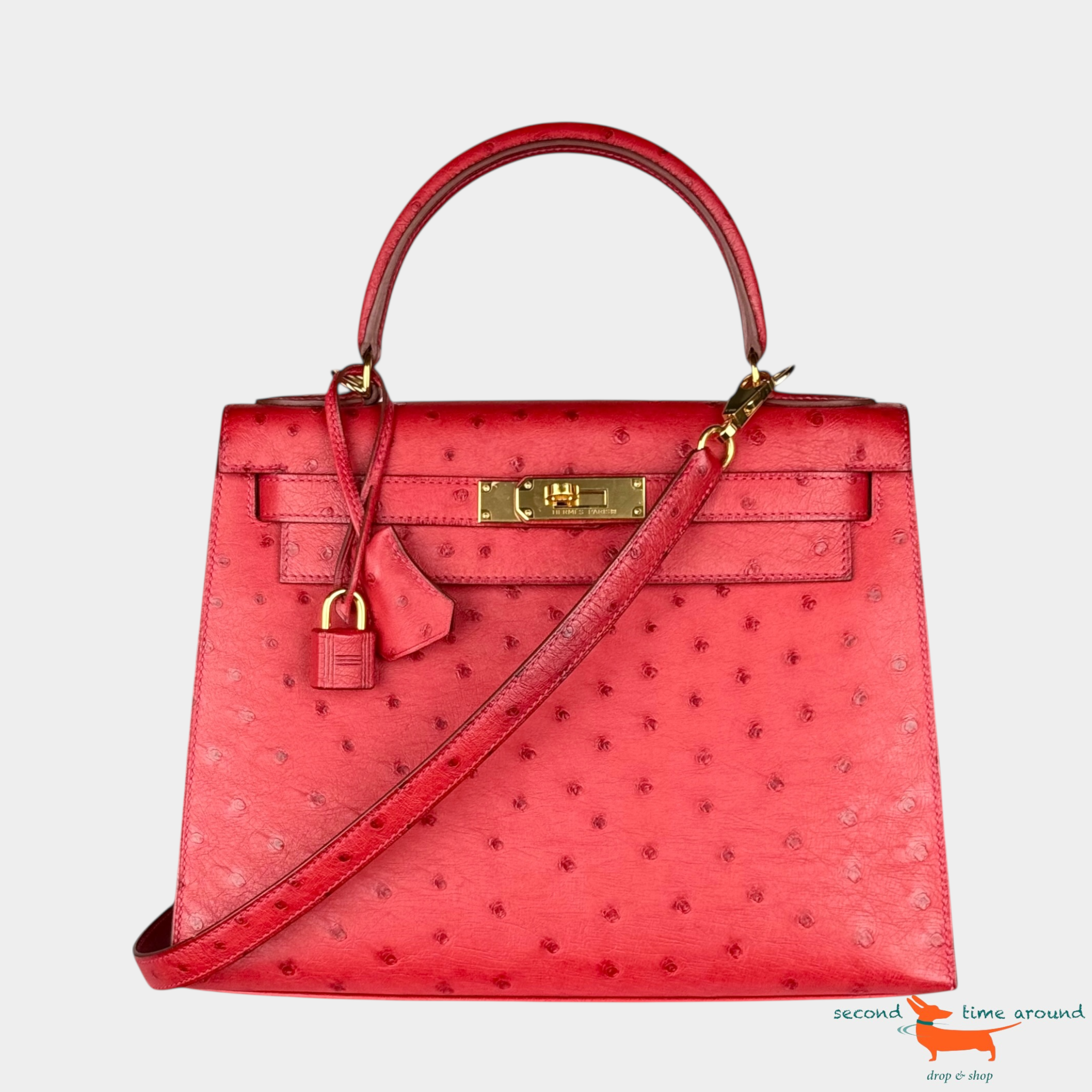 Hermes Kelly II Sellier 28 Ostrich Rouge Vif Bag