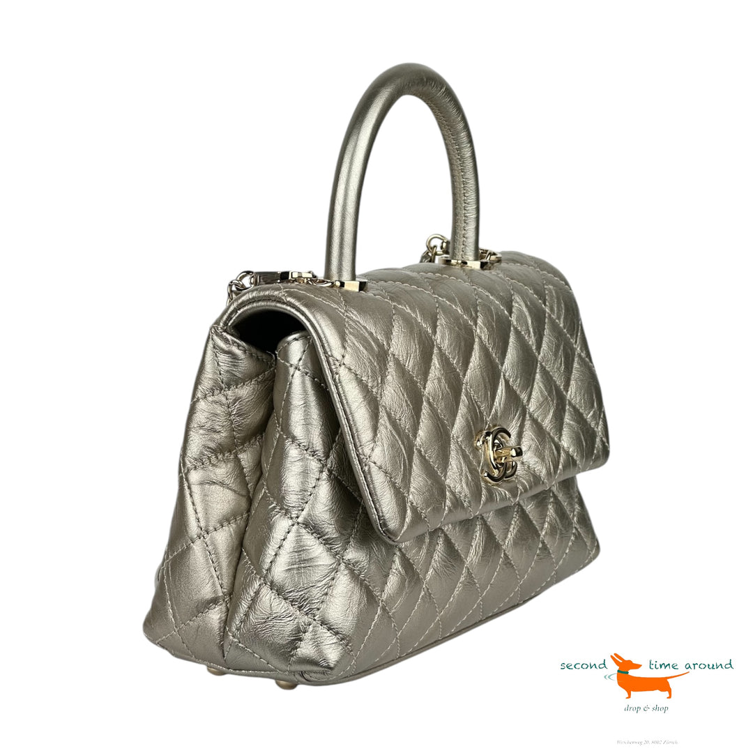 Chanel Metallic Aged Calfskin Quilted Coco Handle Flap Gold Bag