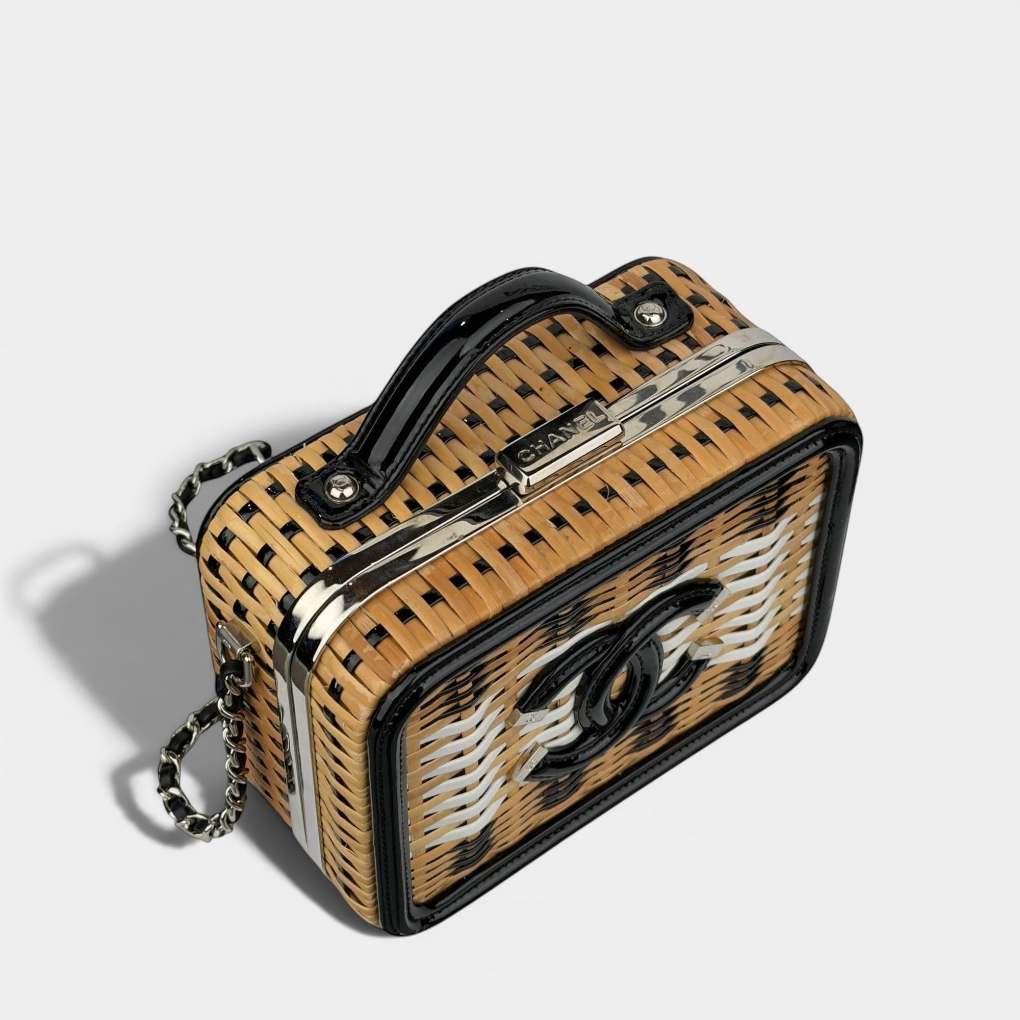 Chanel Beige Black Rattan and Patent LeatherCC Vanity Case Bag ch