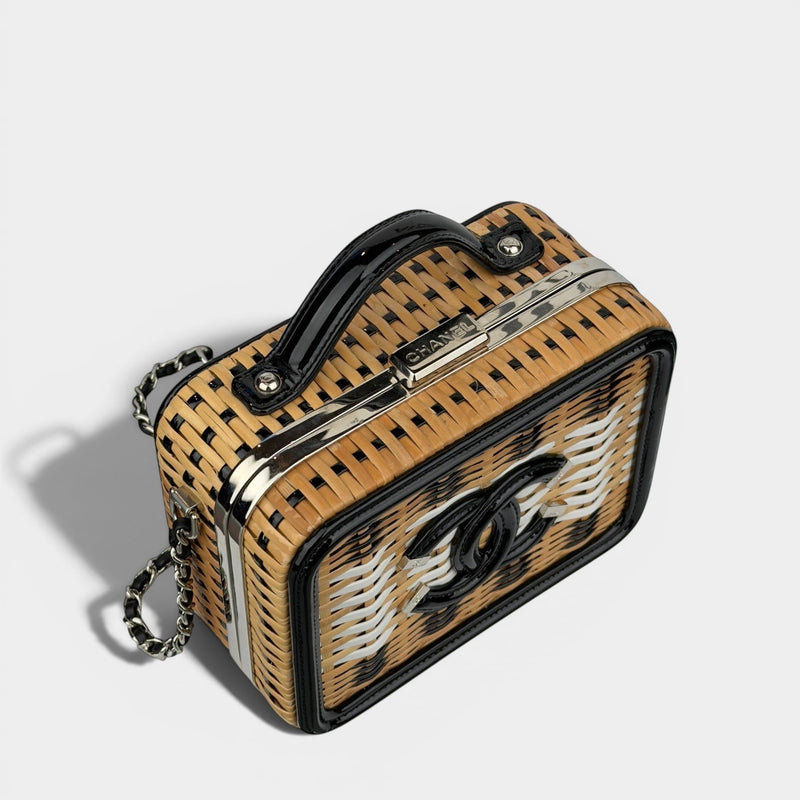 Chanel Beige Black Rattan and Patent LeatherCC Vanity Case Bag