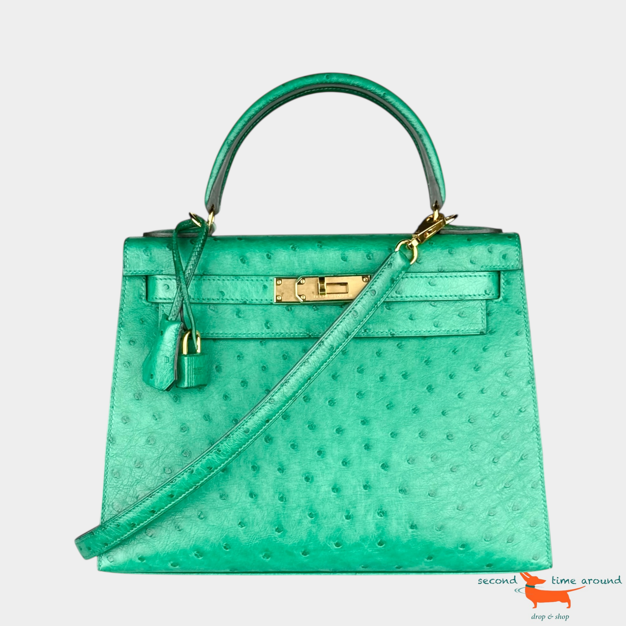 Hermes Kelly II Sellier 28 Ostrich Vert Vertigo Bag