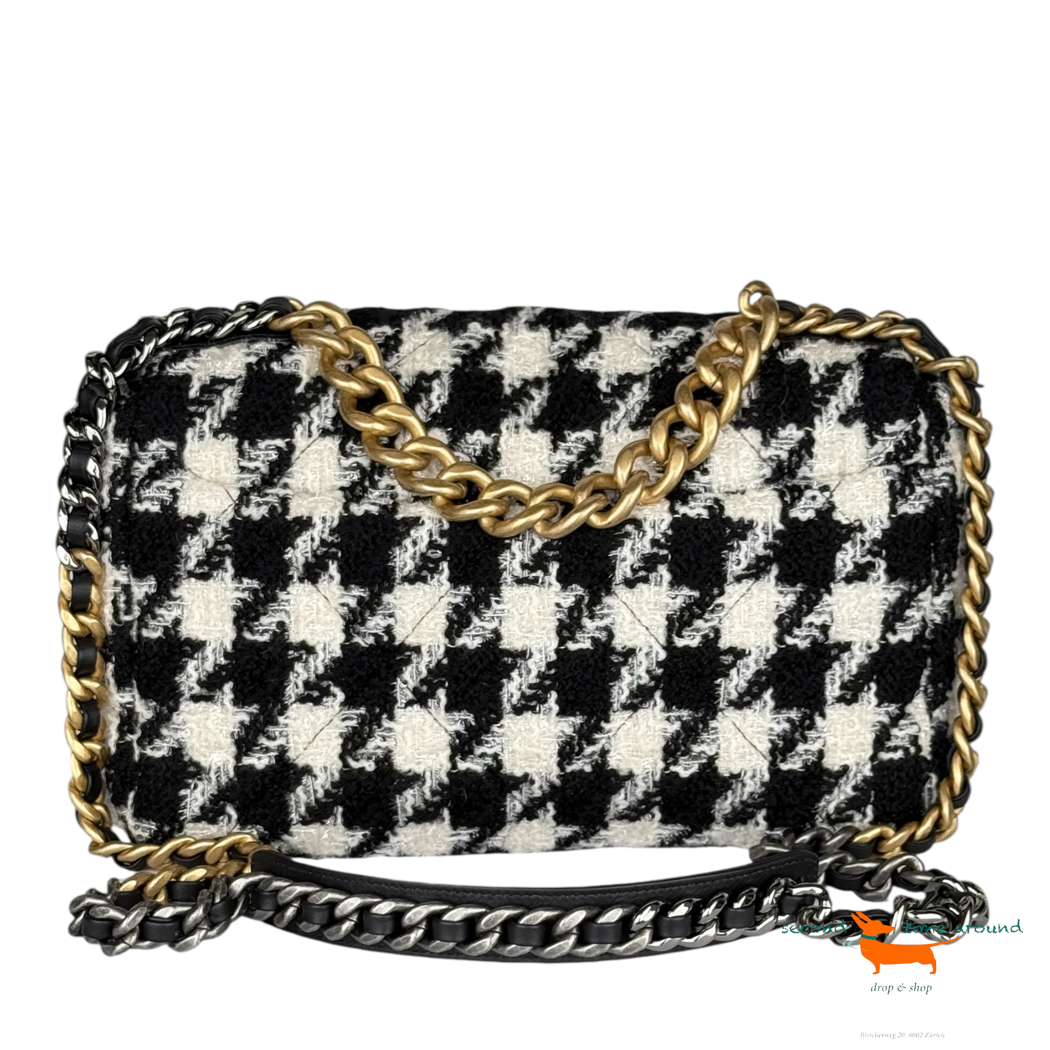 Chanel 19 Bag Tweed Houndstooth Large Black White