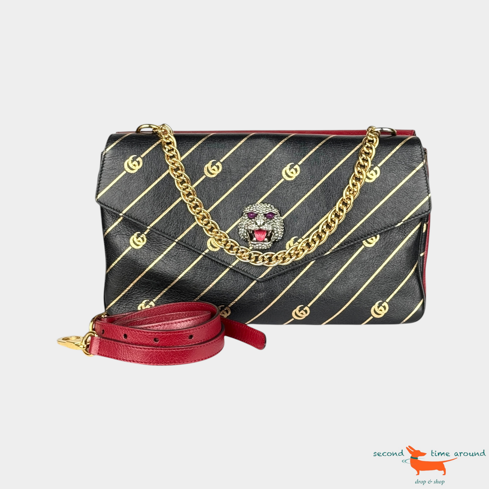 Gucci Thiara Medium GG Diagonal Calfskin Double Envelope Shoulder Bag Red/Black