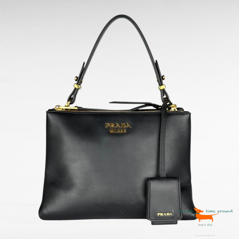 Prada Calfskin Small Deux Shoulder Bag Black