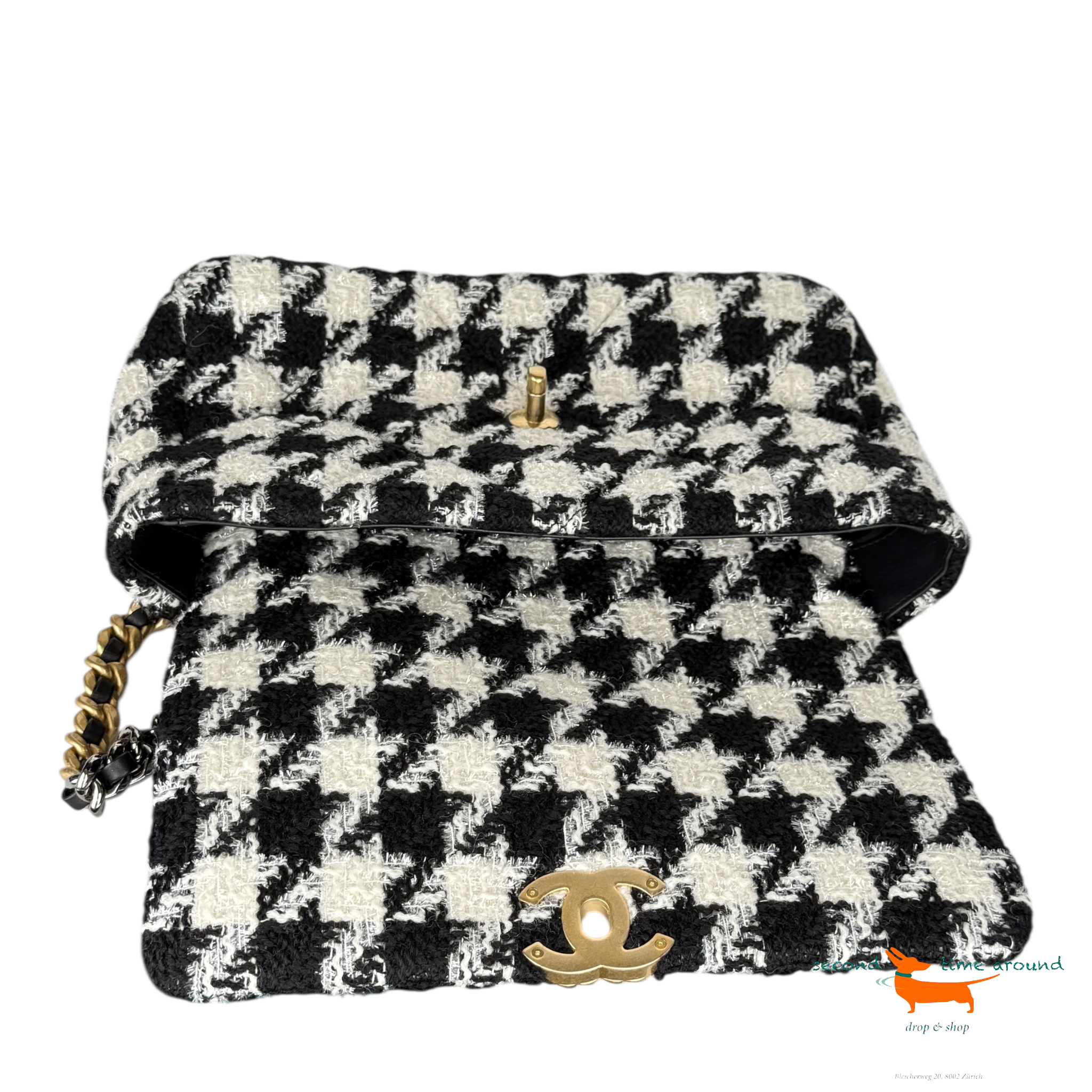 Chanel 19 Bag Tweed Houndstooth Large Black White