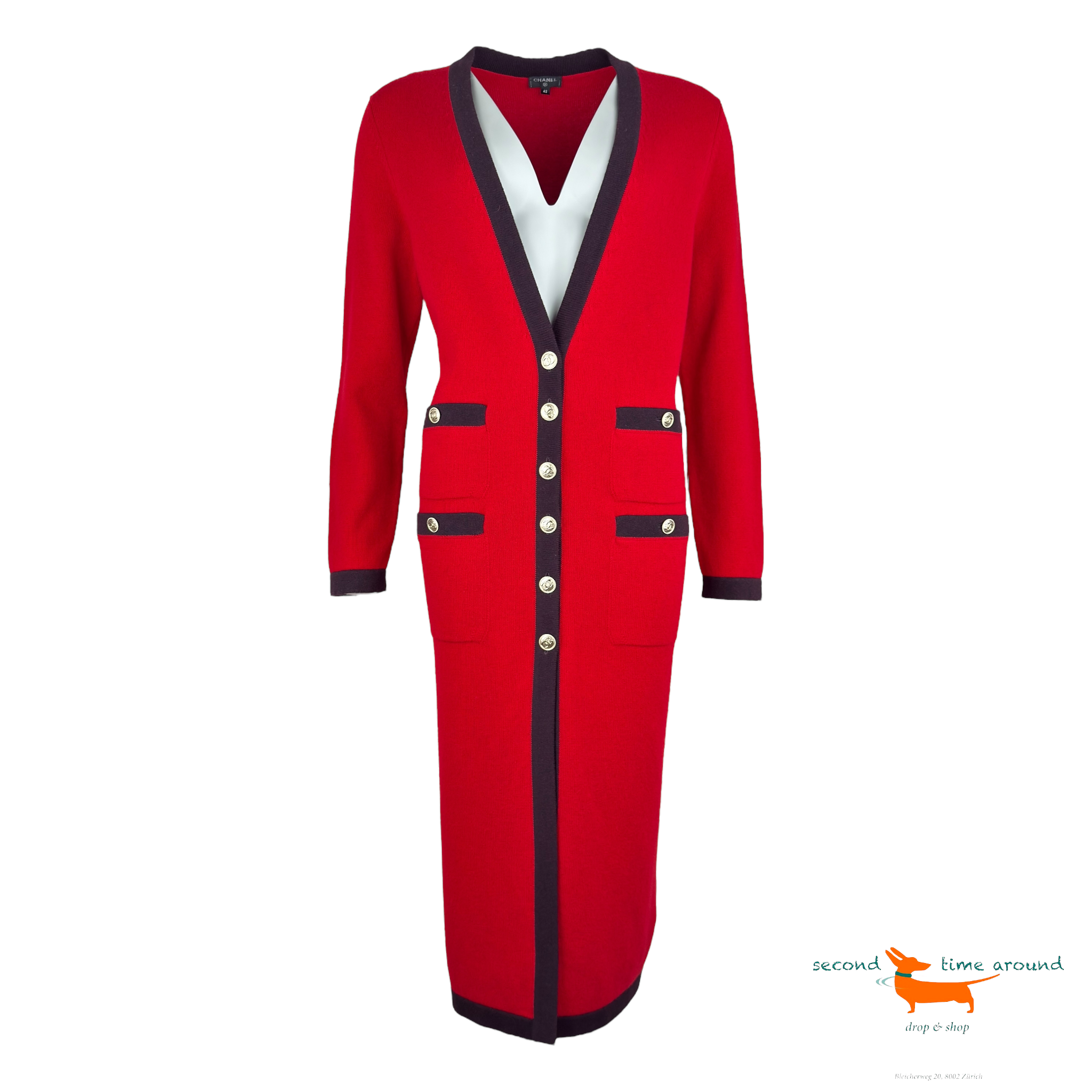 Chanel Long Cardigan Rouge en Cachemire avec Boutons Dorés