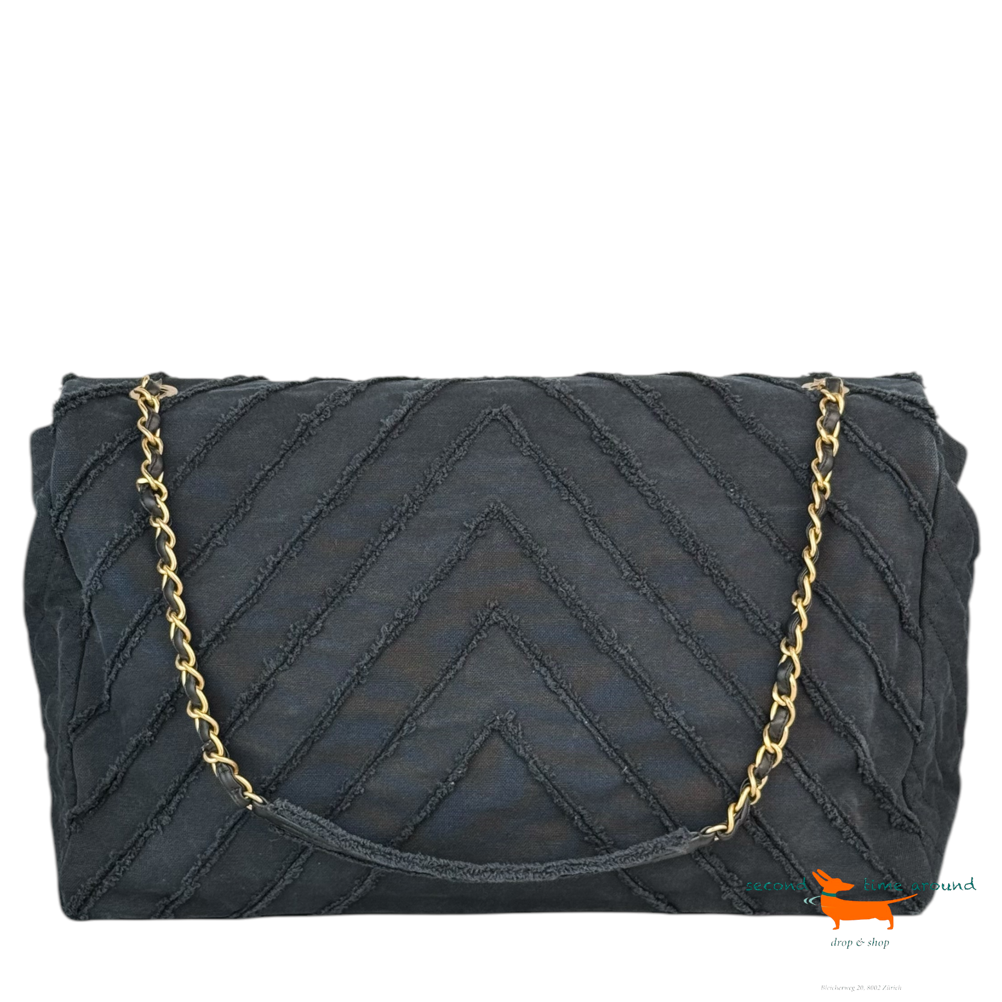 Chanel Black Chevron Canvas XXL PatchworkFlap Bag