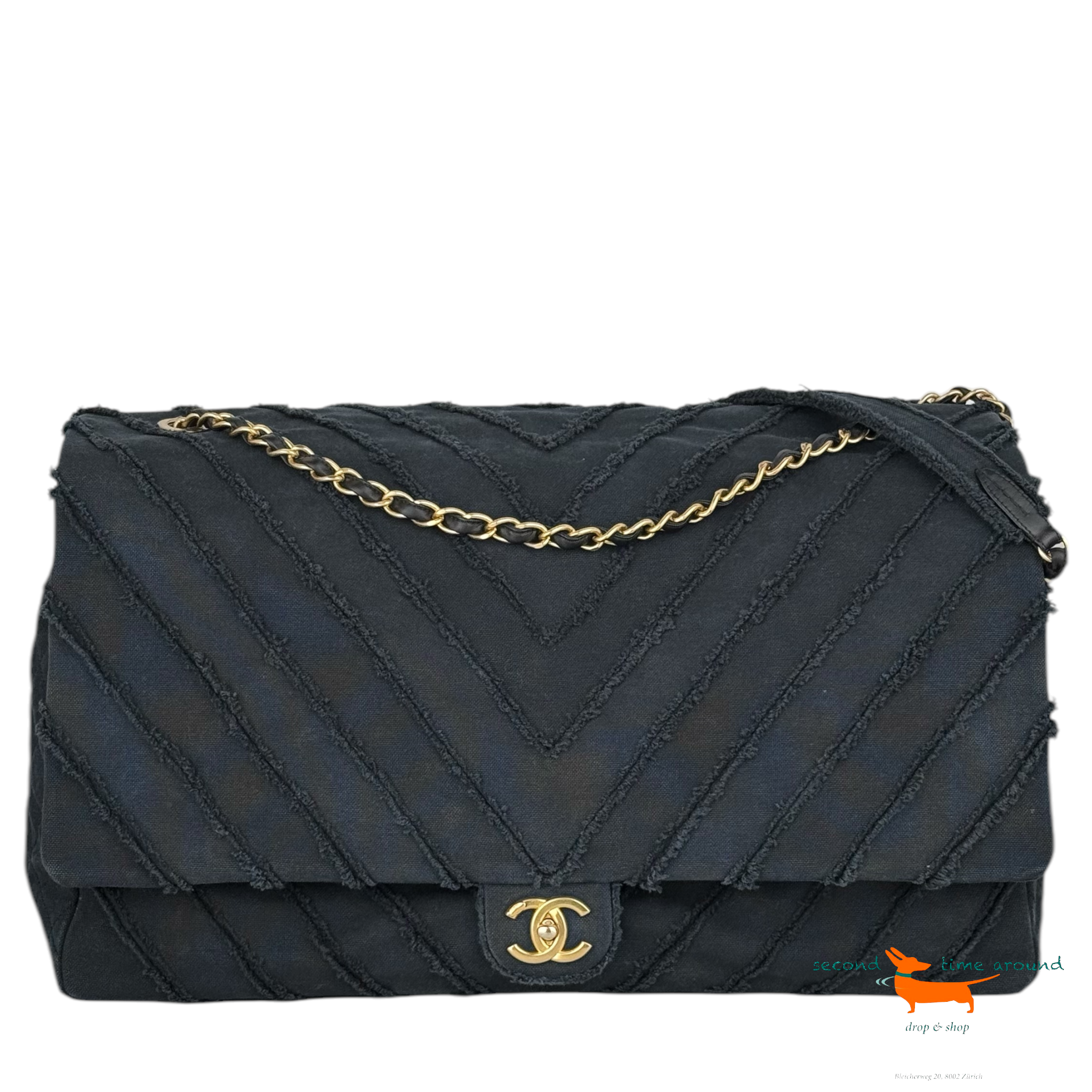 Chanel Black Chevron Canvas XXL PatchworkFlap Bag