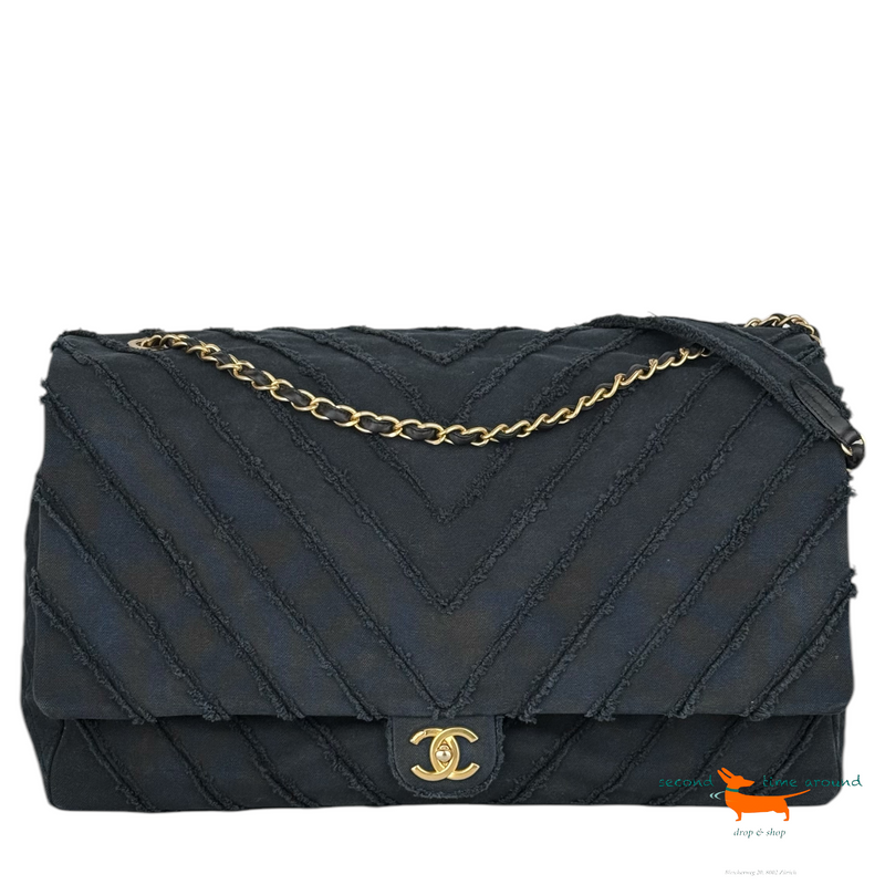 Chanel Black Chevron Canvas XXL PatchworkFlap Bag