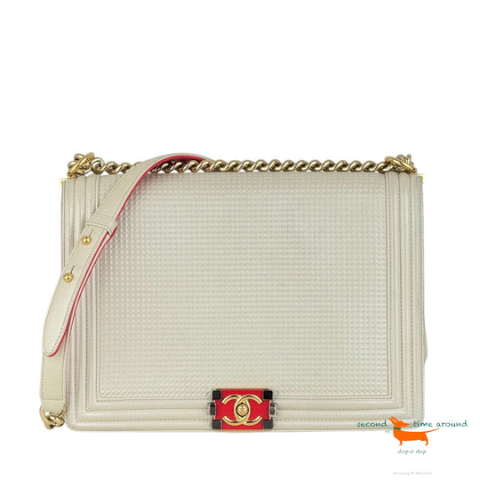 Chanel White Cube Embossed Leather Boy Bag