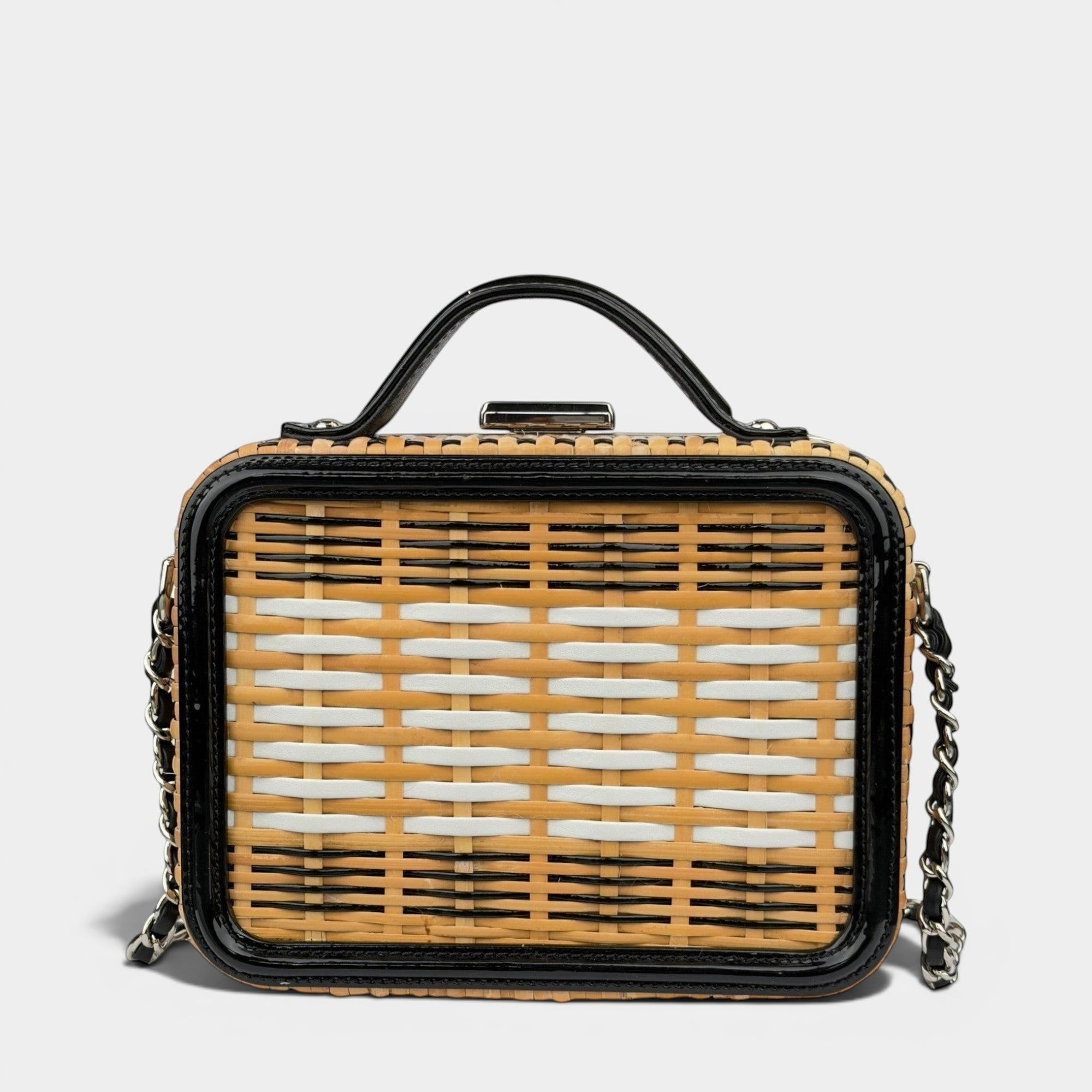 Chanel Beige Black Rattan and Patent LeatherCC Vanity Case Bag ch