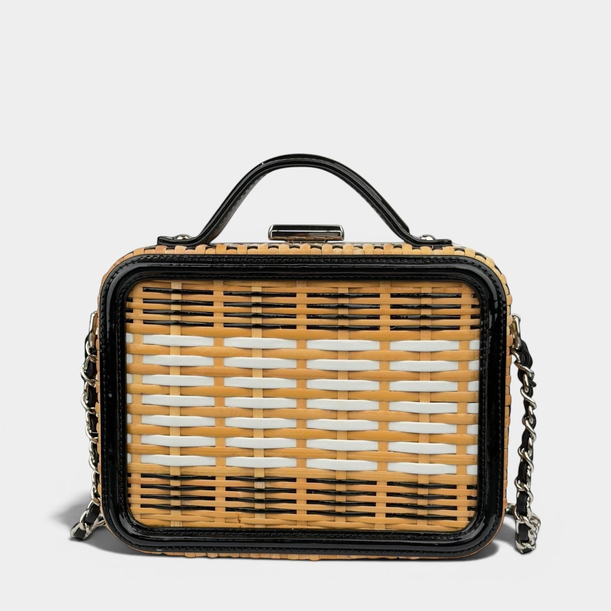 Chanel Beige Black Rattan and Patent LeatherCC Vanity Case Bag ch