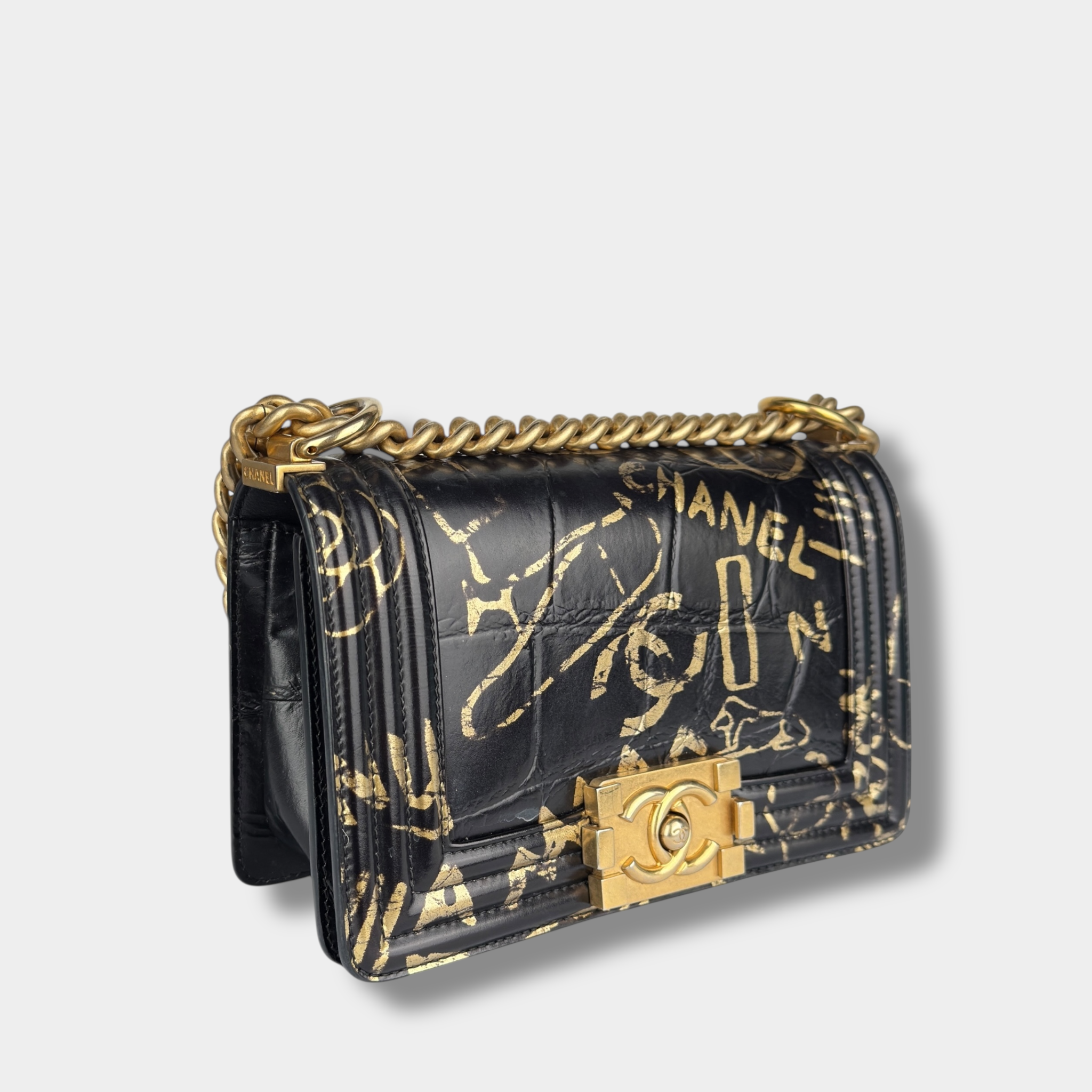 Chanel Black and Gold Crocodile-Embossed Leather Small Graffiti Boy Bag