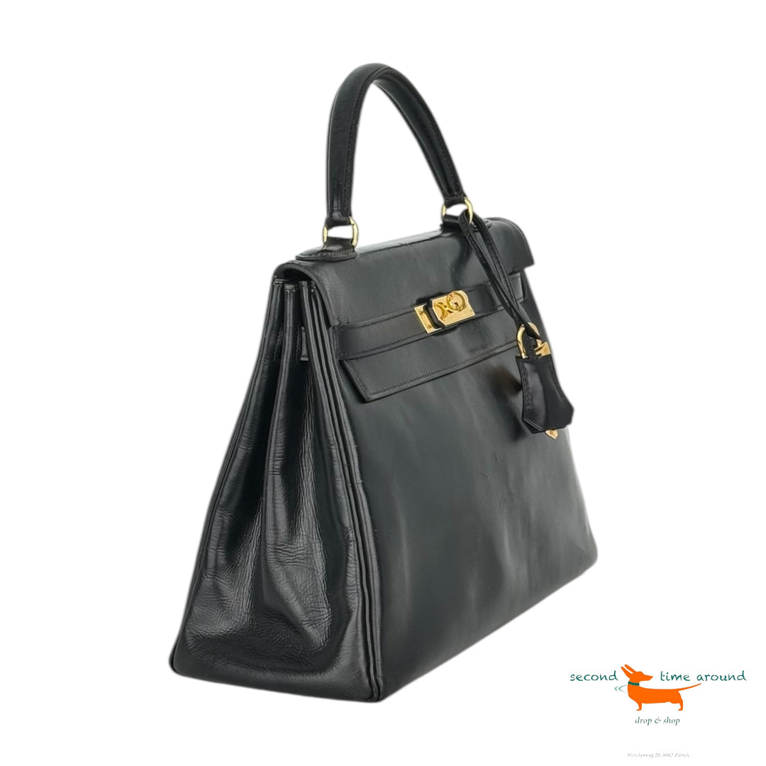 Hermes Kelly 32 Black Boxcalf Bag