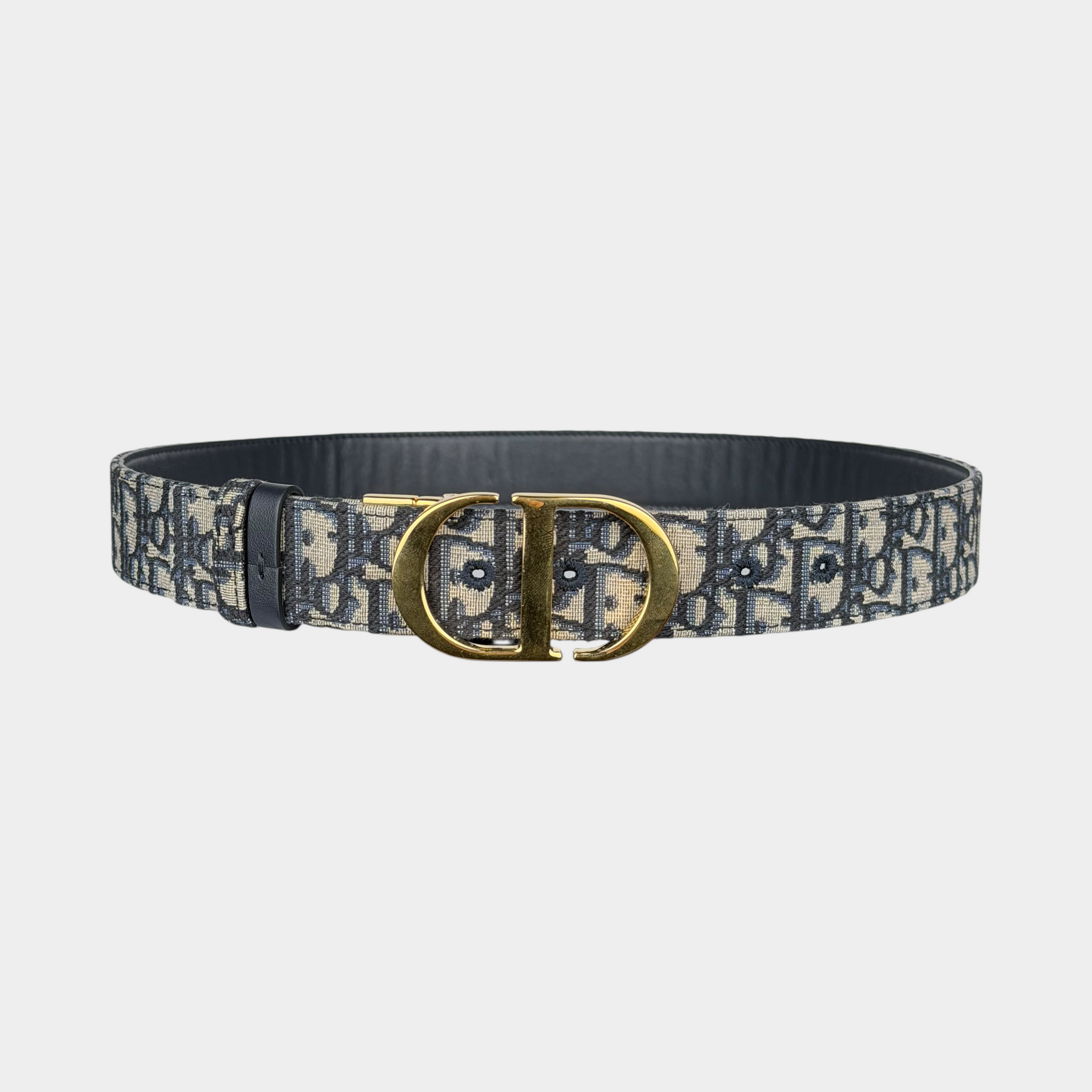 Christian Dior Reversible Navy Blue Oblique Canvas Leather 30 Montaigne Buckle Belt